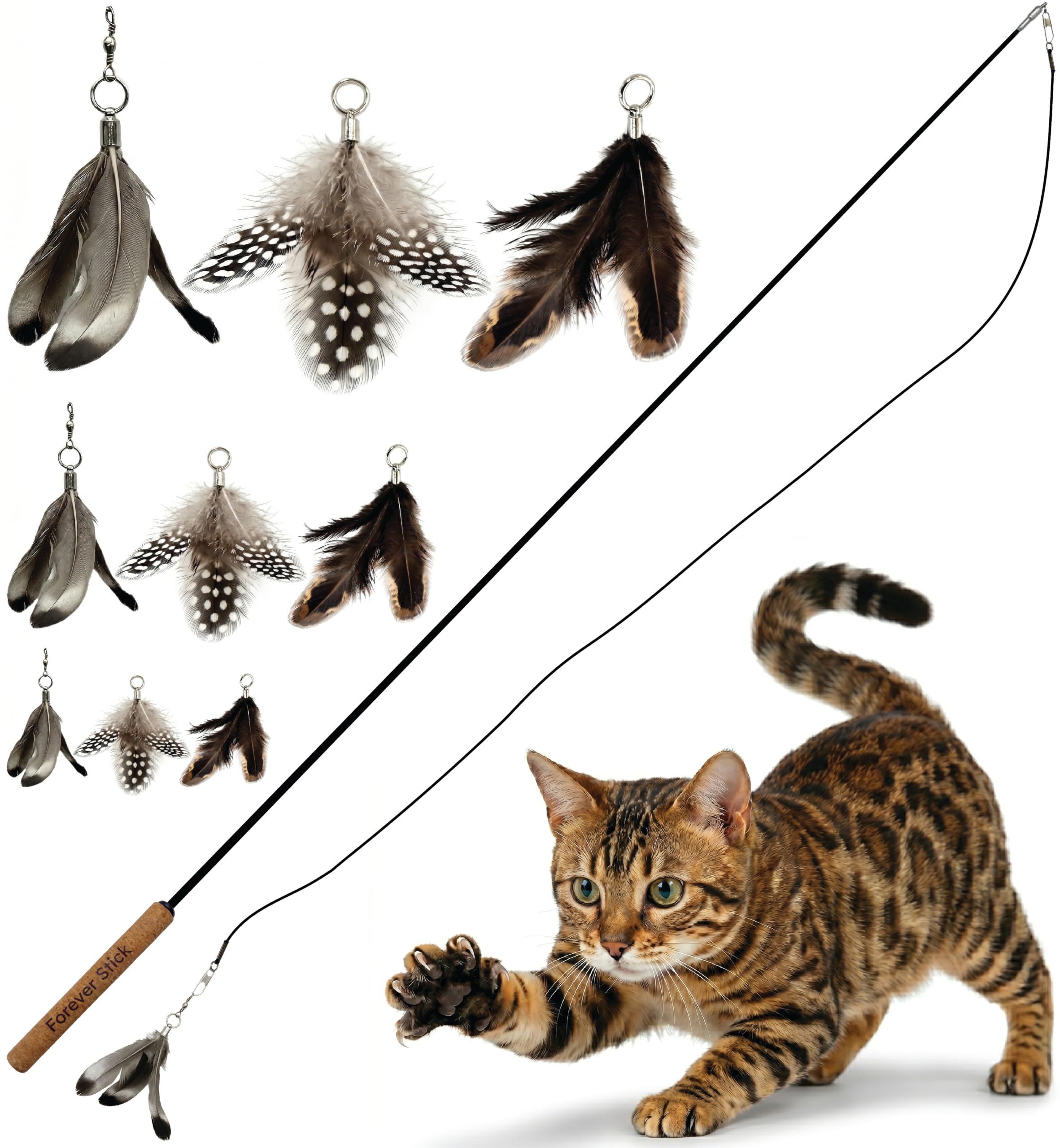 Repounce Forever Stick and 9 Cat Feather Toy Refills - The Unbreakable Cat Wand Toy, Durable Cat Toy Wand, Extra Long Cat String Toy, Cat Fishing Pole Toy for Bored Indoor Adult Cats, Cat Stick Toy