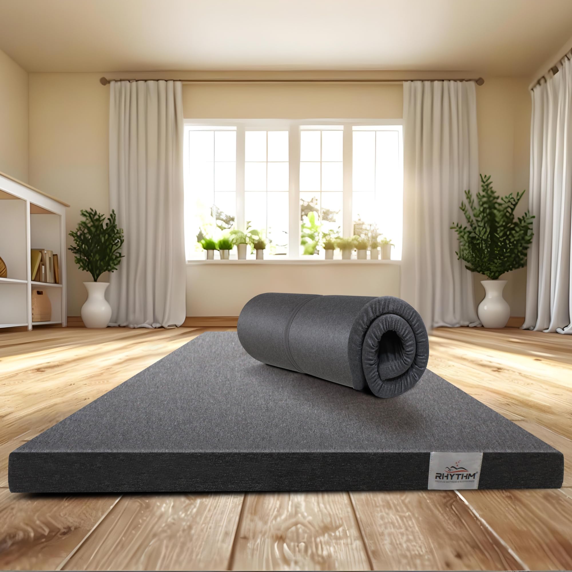 Rhythm Lite 2-Inch Foldable HR Foam Mattress with Zippered Knitted Cotton Cover | Portable & Multi-Purpose | Floor Use, Mattress Topper, Yoga Mat | King Size (78x72x2)-image-16
