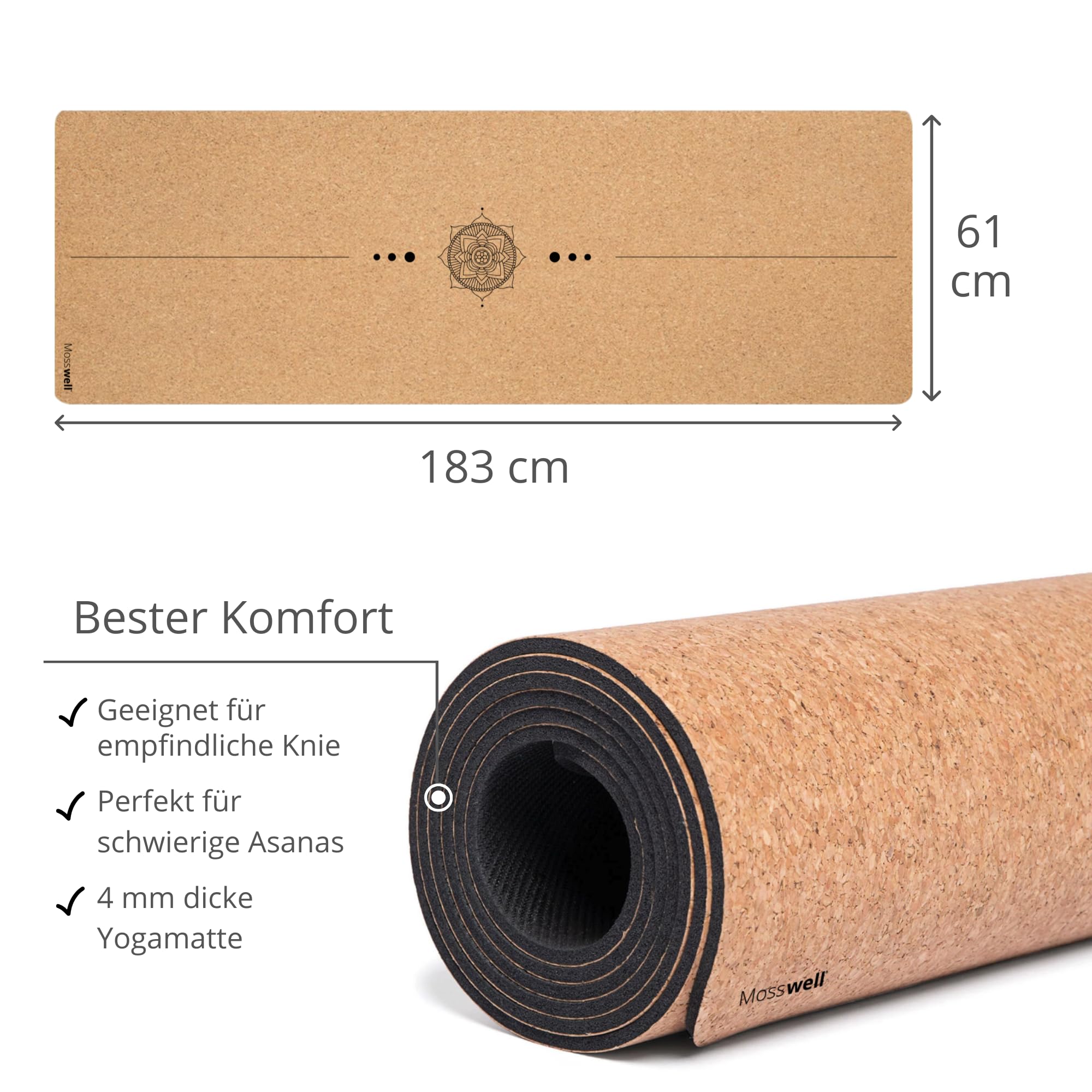 Premium Kork-Yogamatte (4mm dick) - Rutschfeste Fitnessmatte mit Hilfslinien - Pilatesmatte + Yogatasche