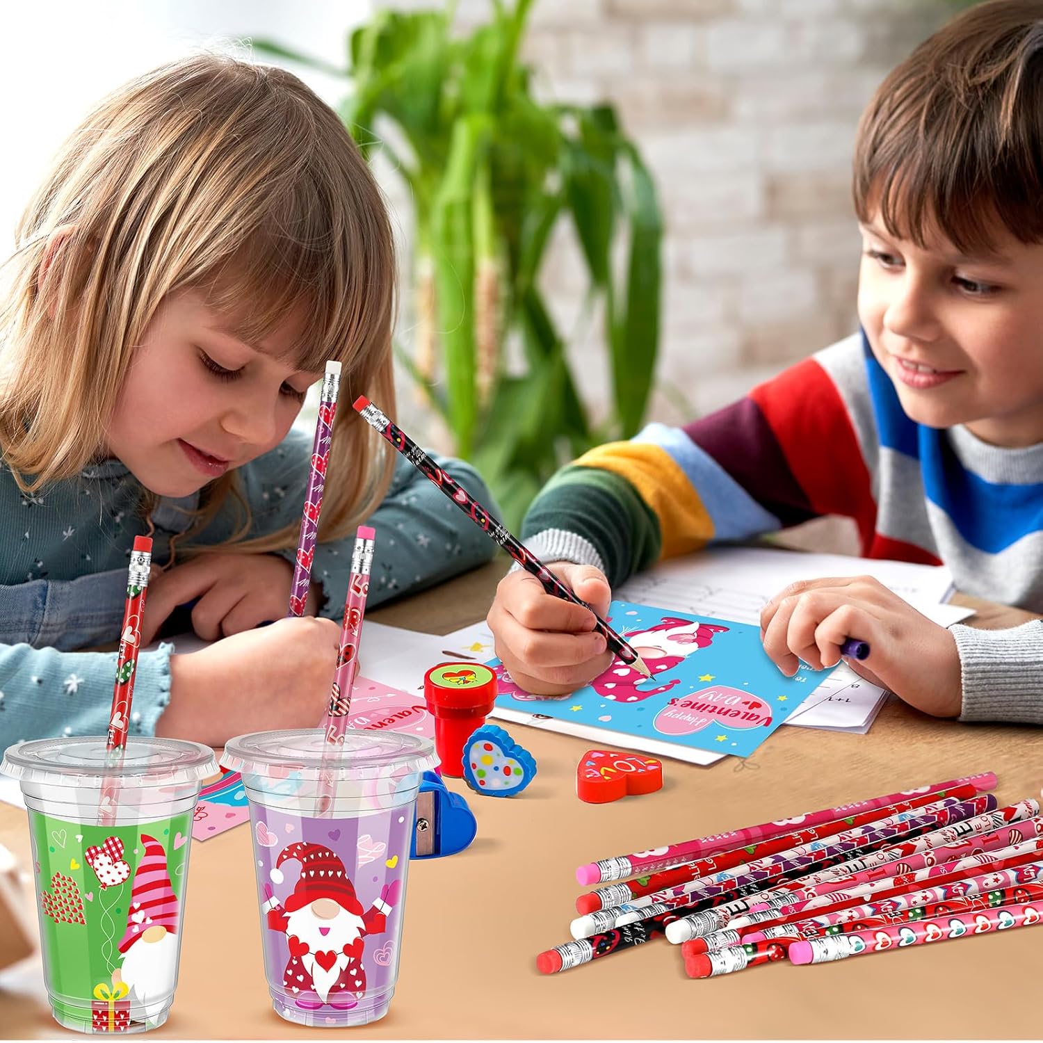 ReliThick 194 Pcs Stationery Gifts for Kids 24 Set Stationery Exchange Gift Include Sharpeners Stampers Pencils Stickers Cards Cups with 50 Erasers for Classroom School Prize(Gnome)