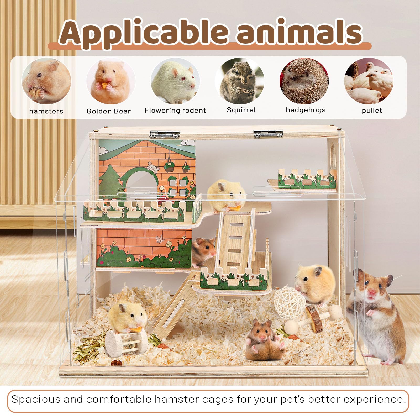 Grande gabbia per criceti in acrilico, habitat in legno per cricetis nani, spaziosa gabbia per gerbilli nani, habitat premium per criceti nani con ventilatore (40 x 30 x 30 cm)