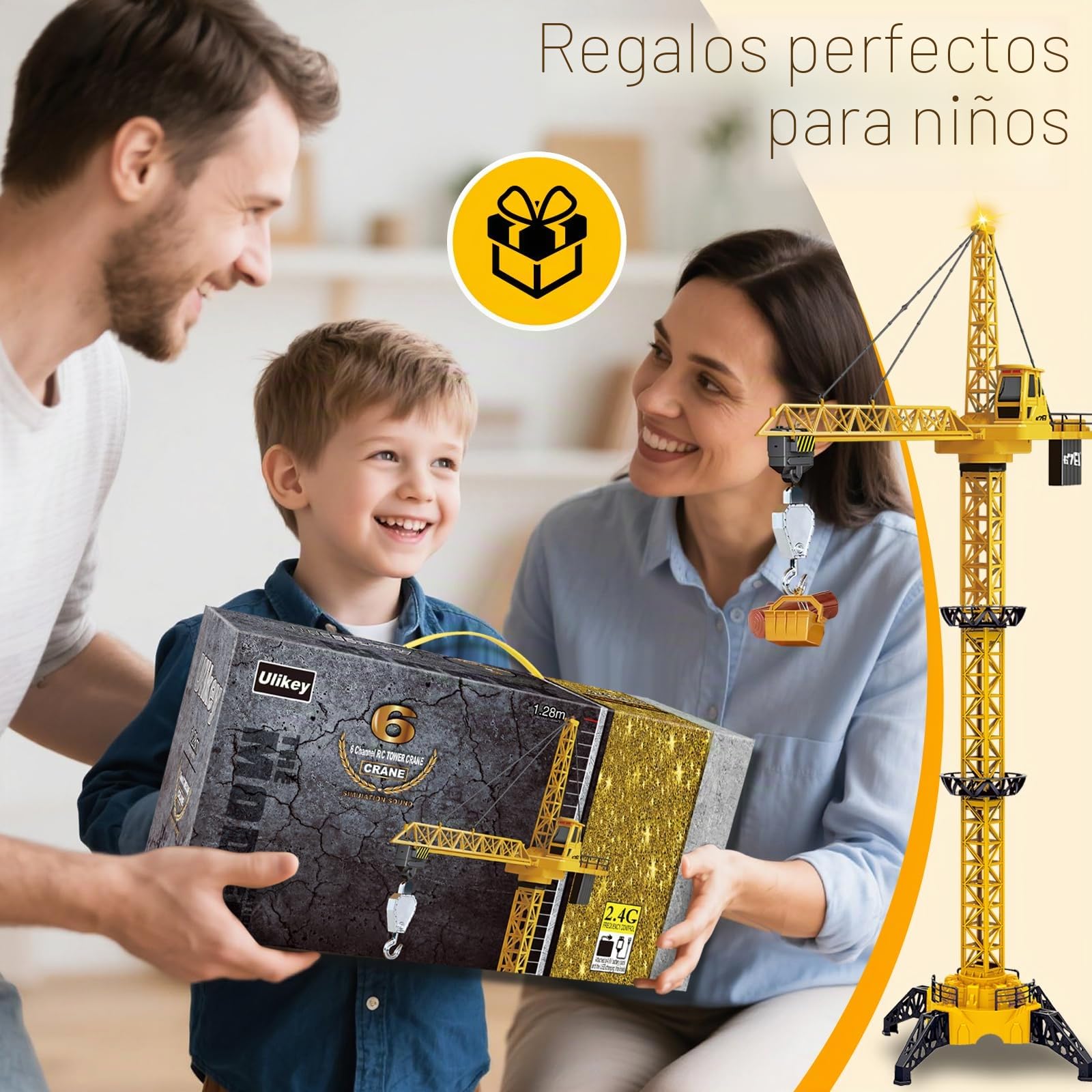 Ulikey Grúa Torre Teledirigida, 2.4GHz Gruas de Juguete de 6 Canales, 128 cm RC Grúas Torre de Construcción, Elevador Giratorio de 680, con Luces y Sonidos, Regalos para Niños de 3 a 10 Años