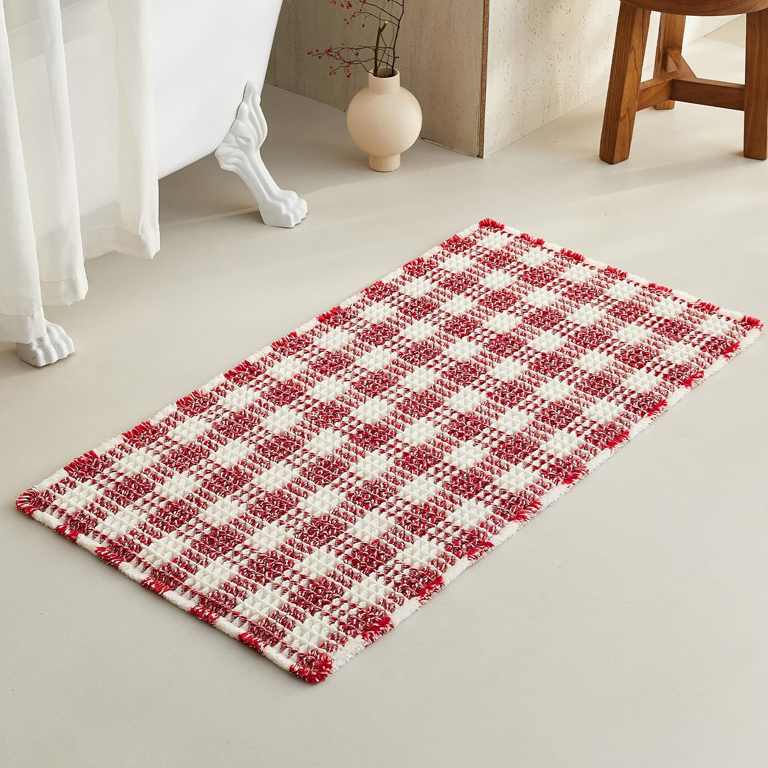 TYUU Christmas Bathroom Rugs, Cute Waffle Bath Mat, 48x24 Red &amp; White