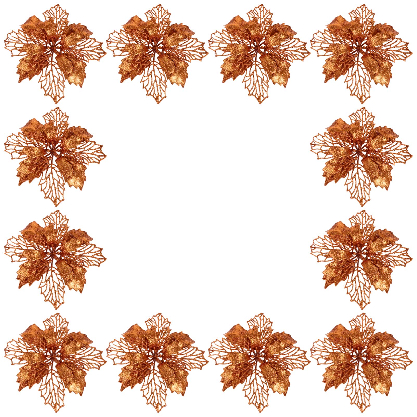 Tomaibaby 12PCS Glitter Artificial Poinsettia Flowers for Christmas Tree Wedding Holiday Wreaths Festival Decor Ornament Bronze