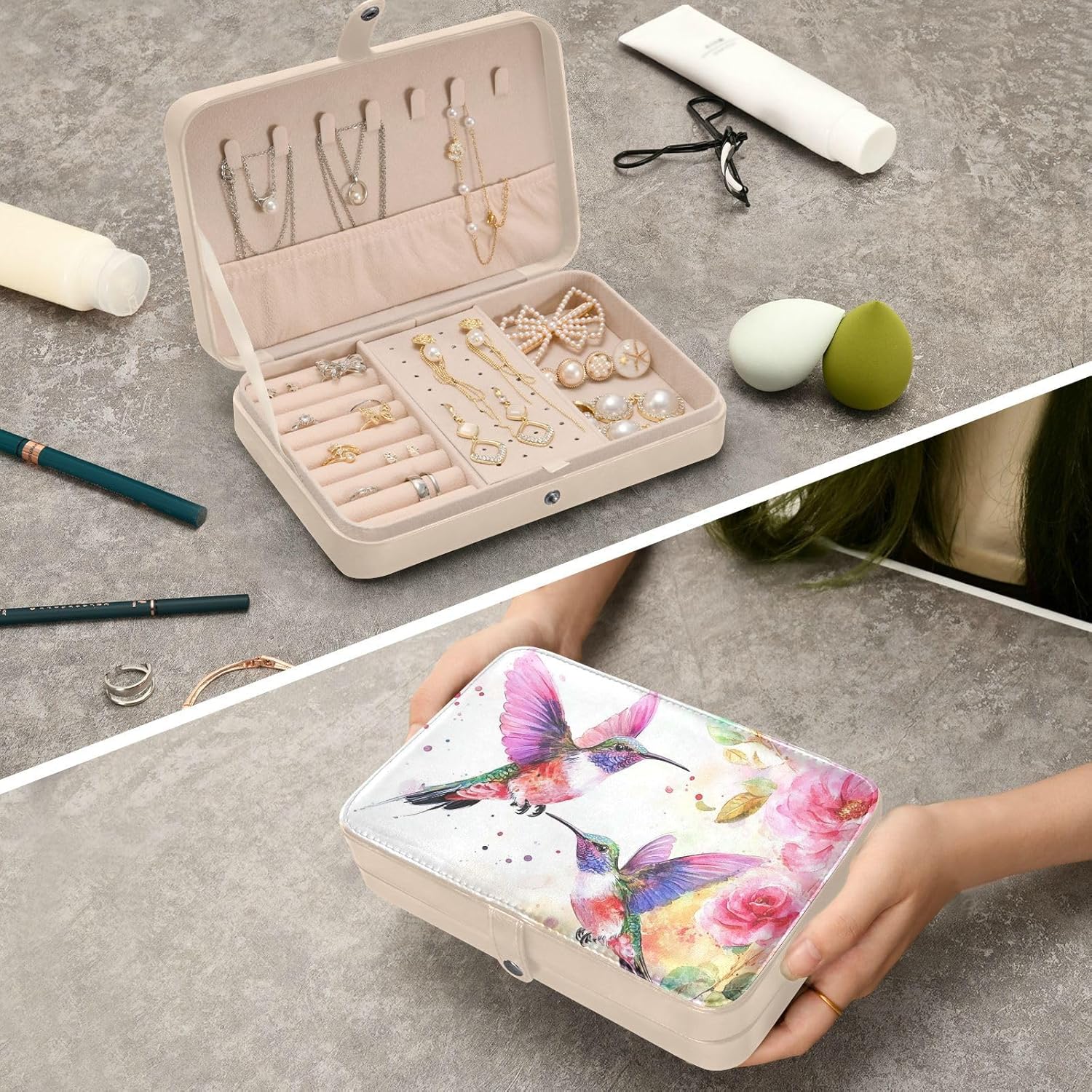 Travel Jewelry Case Box Organizer Gifts for Women Girls Man PU Leather Small Mini Portable Jewelry Storage Box for Earring Ring Necklace Bracelets Watercolor Pink Flower Hummingbirds Valentines