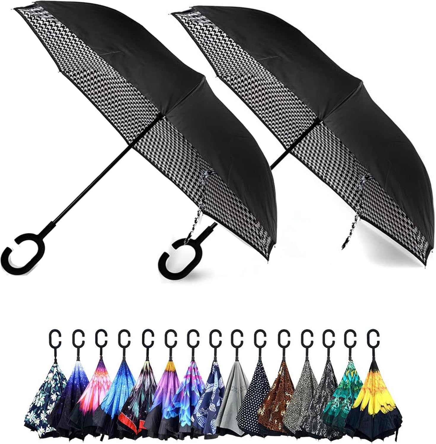 Parquet Purple and Blue Flower Double Layer Inverted Umbrellas - C Shaped Handle Reverse Folding Windproof Umbrella for Men and Women
