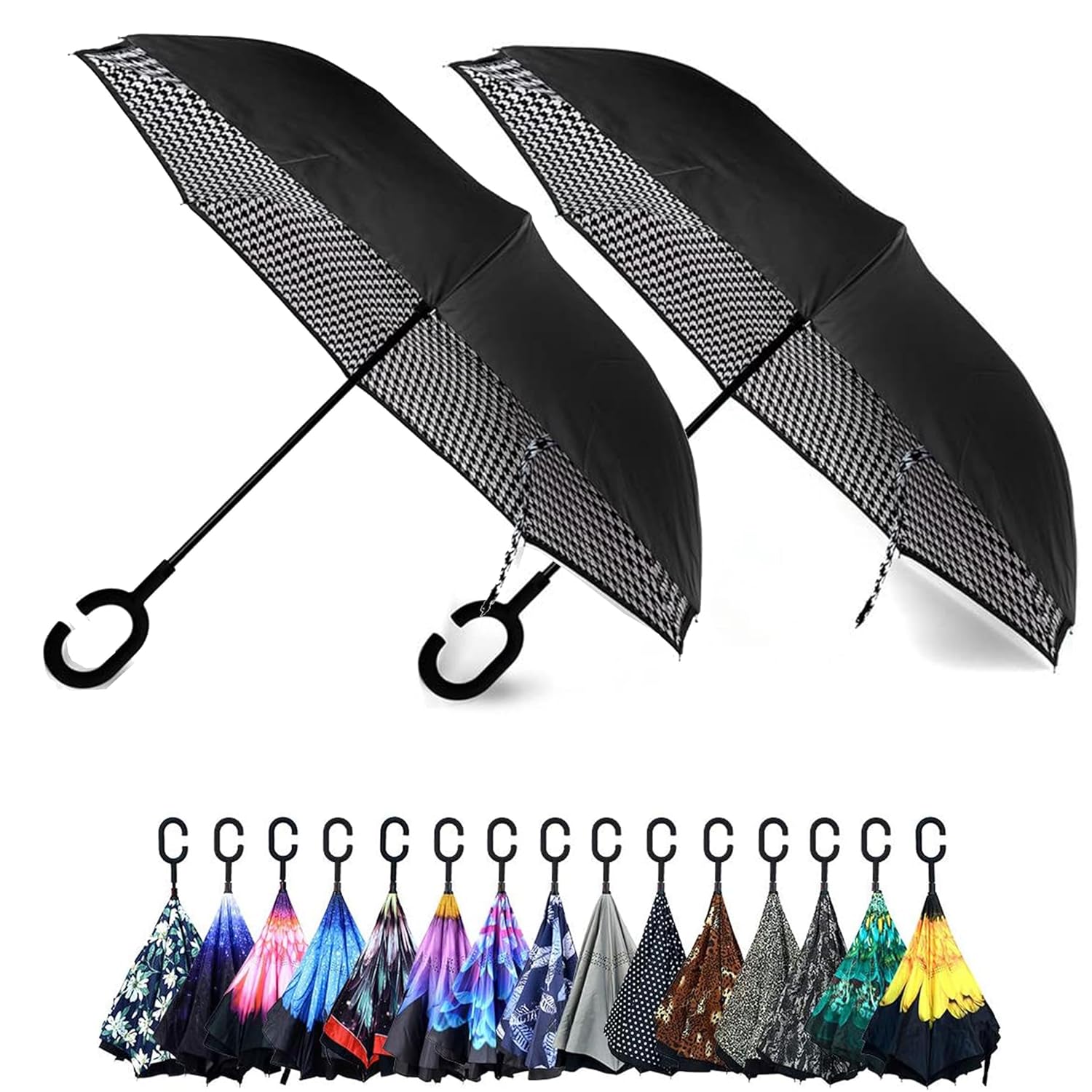 Parquet Purple and Blue Flower Double Layer Inverted Umbrellas - C Shaped Handle Reverse Folding Windproof Umbrella for