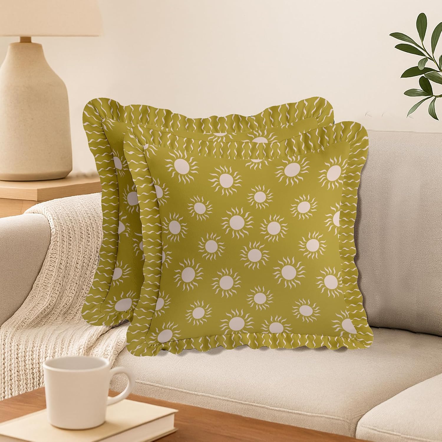 Cotton Twill Frill Cushion Covers 16 Inch Square, Set of 2, Reversible Print, Farmhouse Throw Pillow Covers with Hidden Zipper - Sun Print