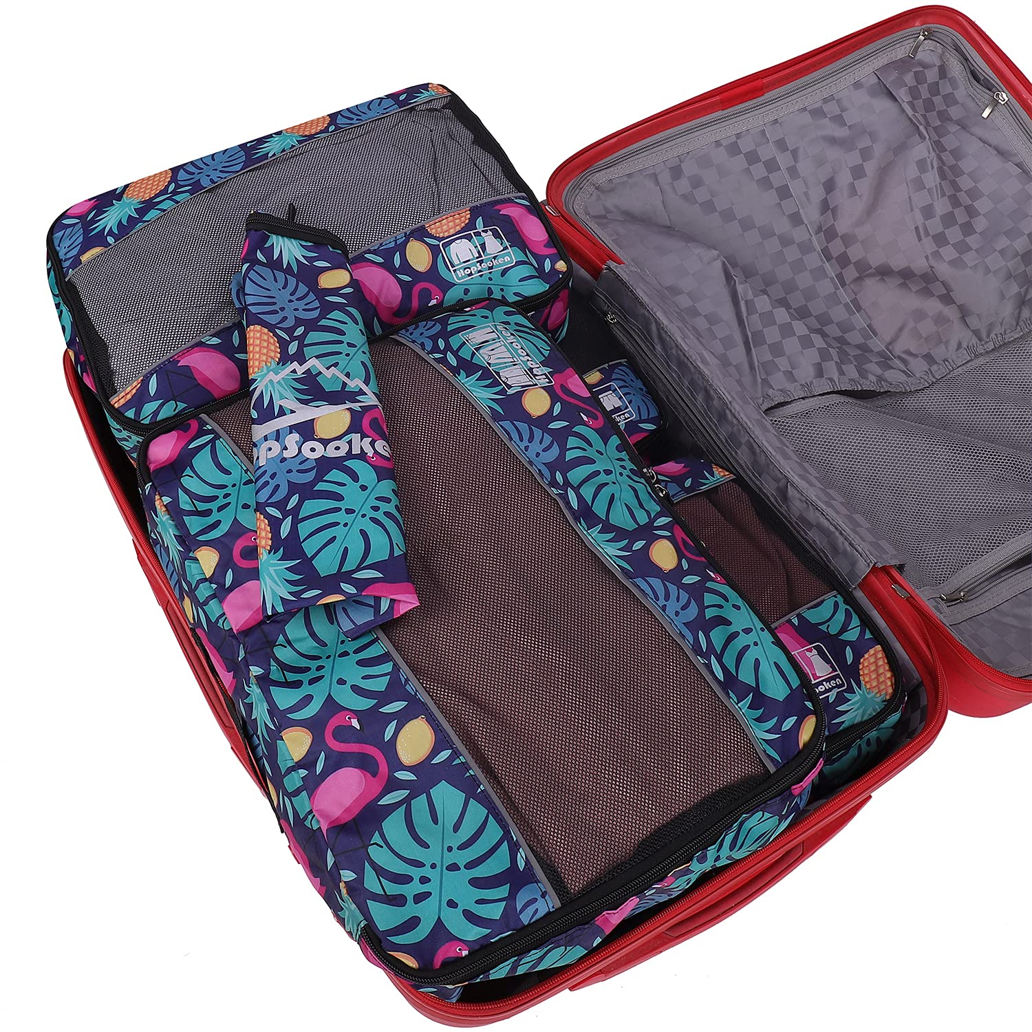 Juego de 5 cubos de equipaje para viajes, maleta grande, organizador de equipaje, accesorios de viaje, vacaciones, 4 cubos, 1 bolsa de lavandería, Piña, L