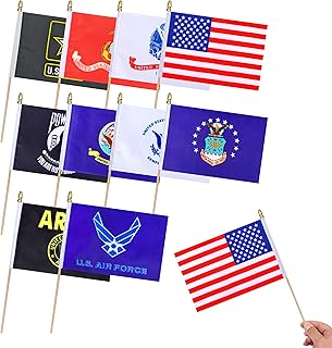 10Pcs Military Flag Set Small Army Armed Forces Flags On Wooden Stick,All Military Branches Mini Hand Held Flags for Veterans Day Memorial Day USA Fourth of July Decorations,5x8 Inch