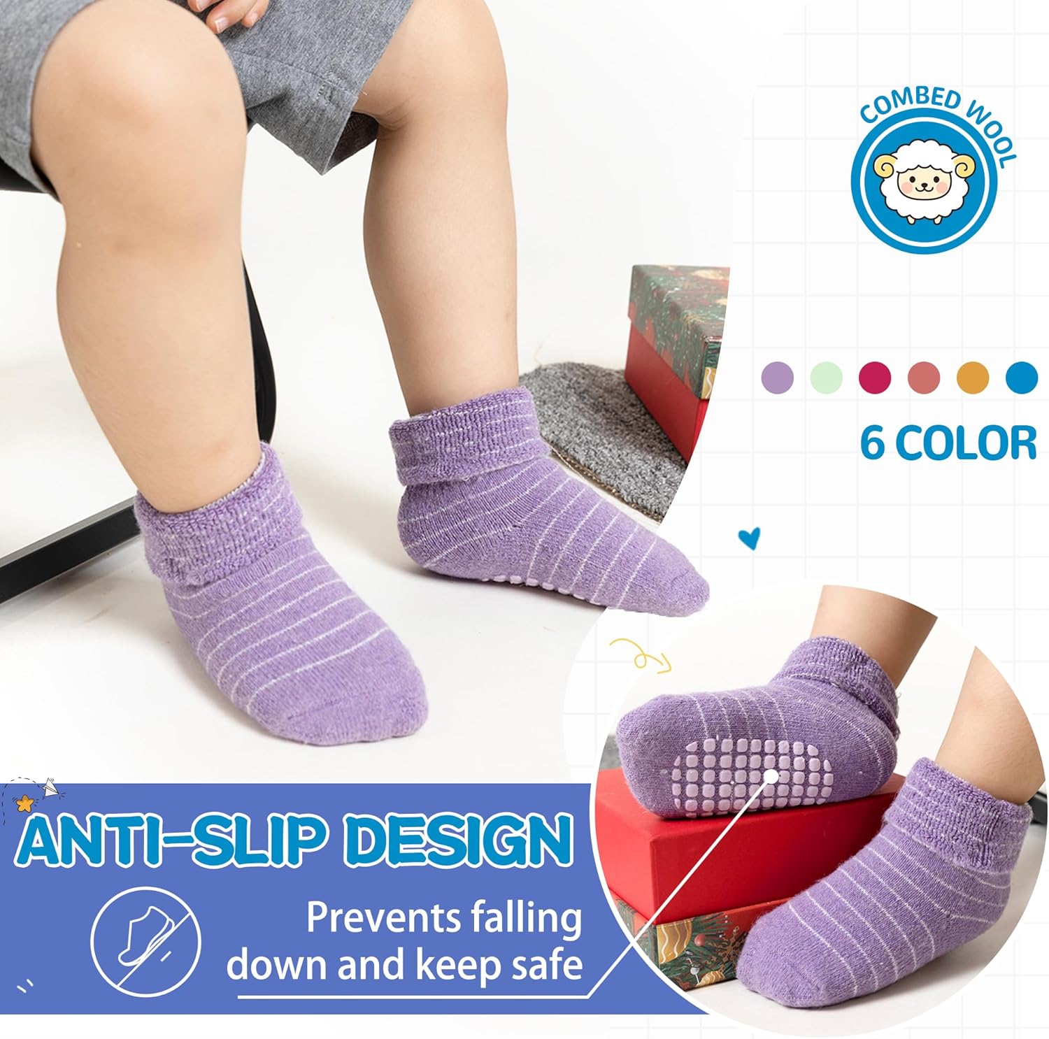DoSmart Baby Toddler Non Slip Socks Infant Boys Girls Warm Thick Wool Ankle Crew Winter Socks with Grippers 6 Pairs - Image 2
