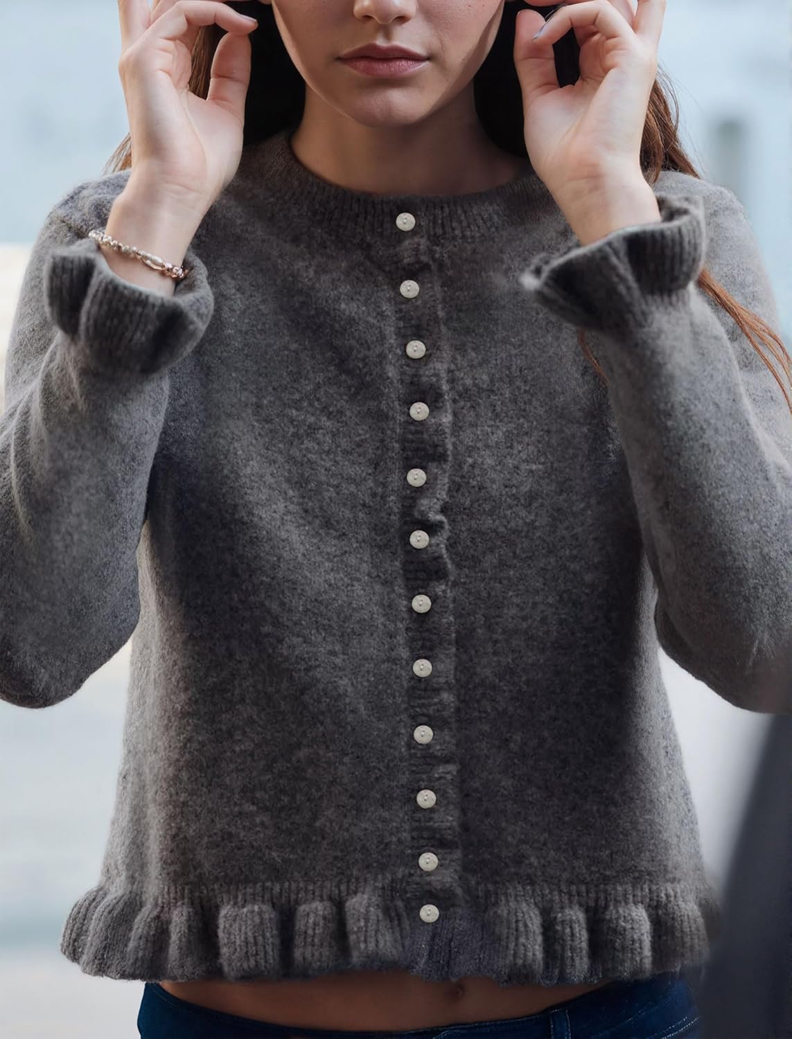 Womens Ruffle Cardigan Sweaters Cute Cropped Button Down Knit Top Long Sleeve Crew Neck Fall Casual Outfits - Image 2