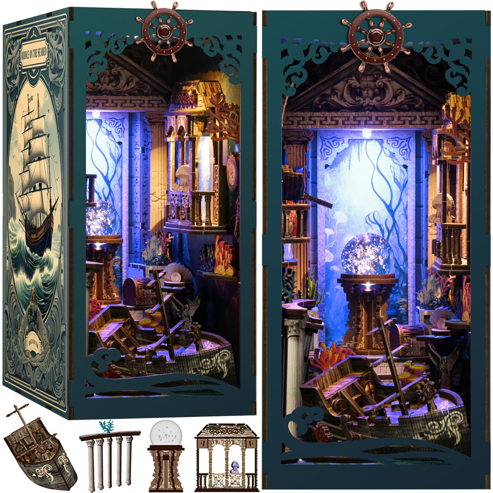 Vaki Vaki Book Nook Kit with Dust Cover & LED Light, DIY Miniature House Kit for Birthday, 3D Wooden Bookends Puzzle, Bookshelf Decor for Adults, Teens, Beginners (Sea Maze)