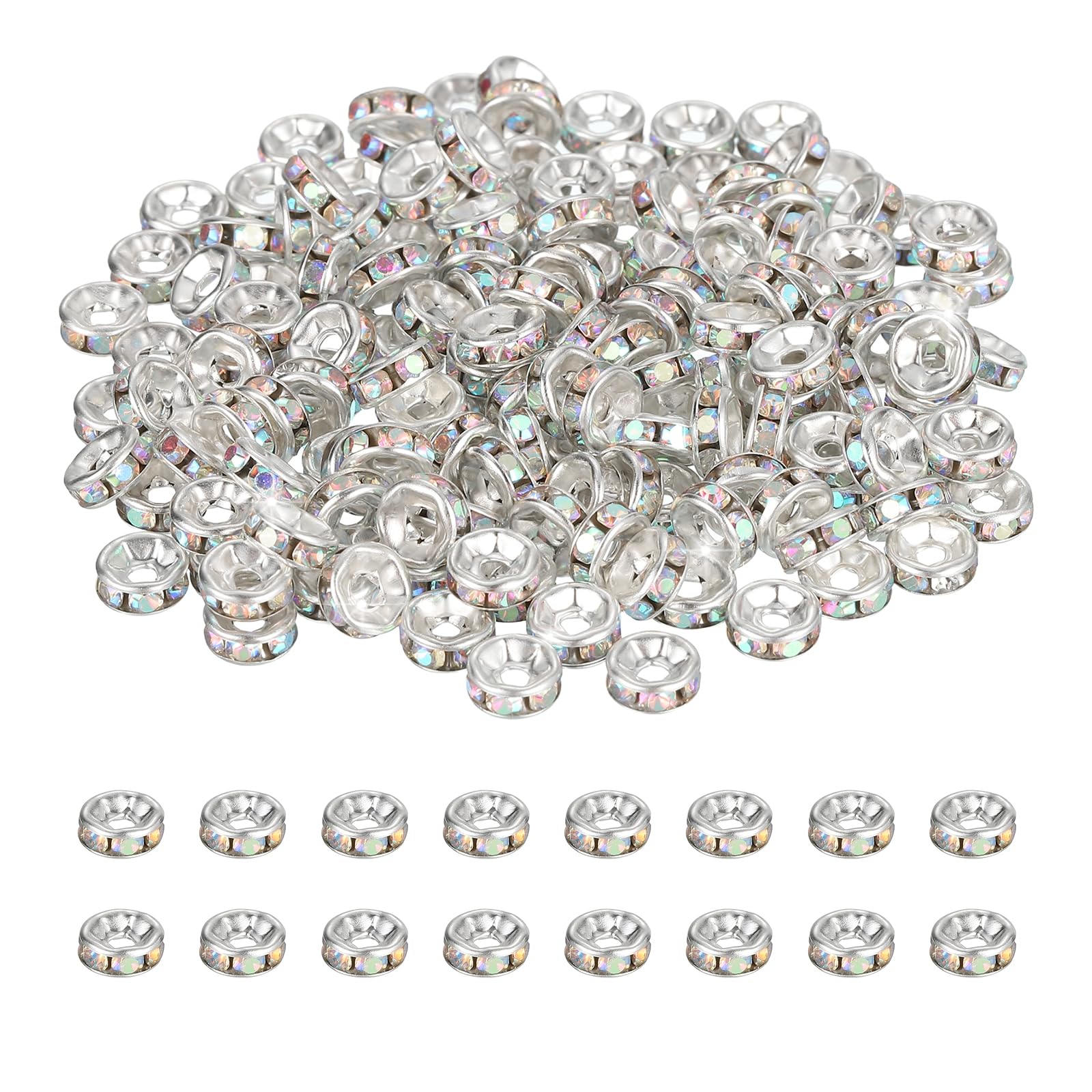 PATIKIL 4mm Rondelle Spacer Bead, 200 Pcs Crystal Rhinestone Loose Bead Spacers for Jewelry Making, DIY Bracelets, Necklace, Silver/AB White
