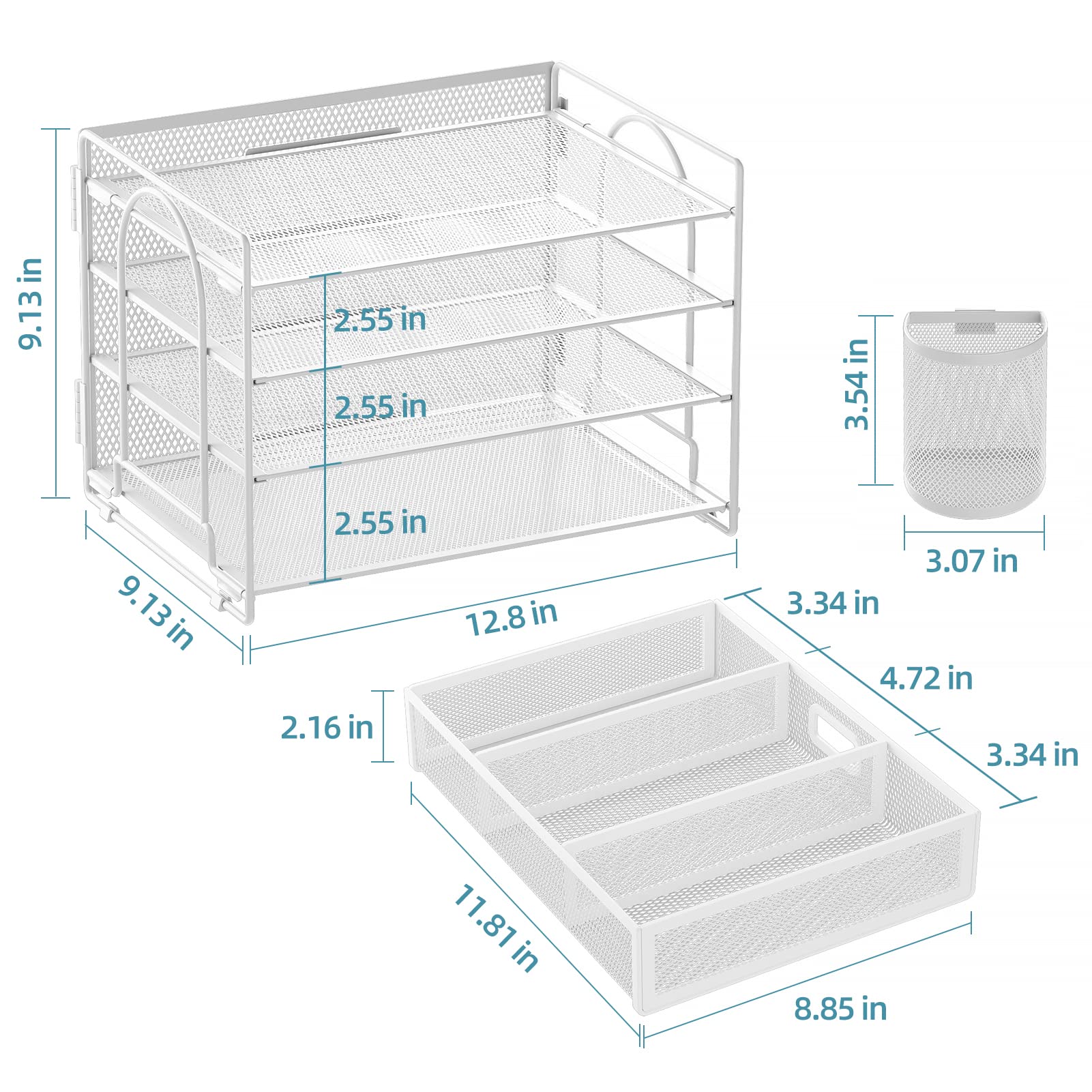 Marbrasse Organizer da scrivania a 4 vassoi con 2 portapenne, porta documenti da appendere da scrivania con cassetto, organizer per lettere di carta, forniture per ufficio in rete, organizer per carta