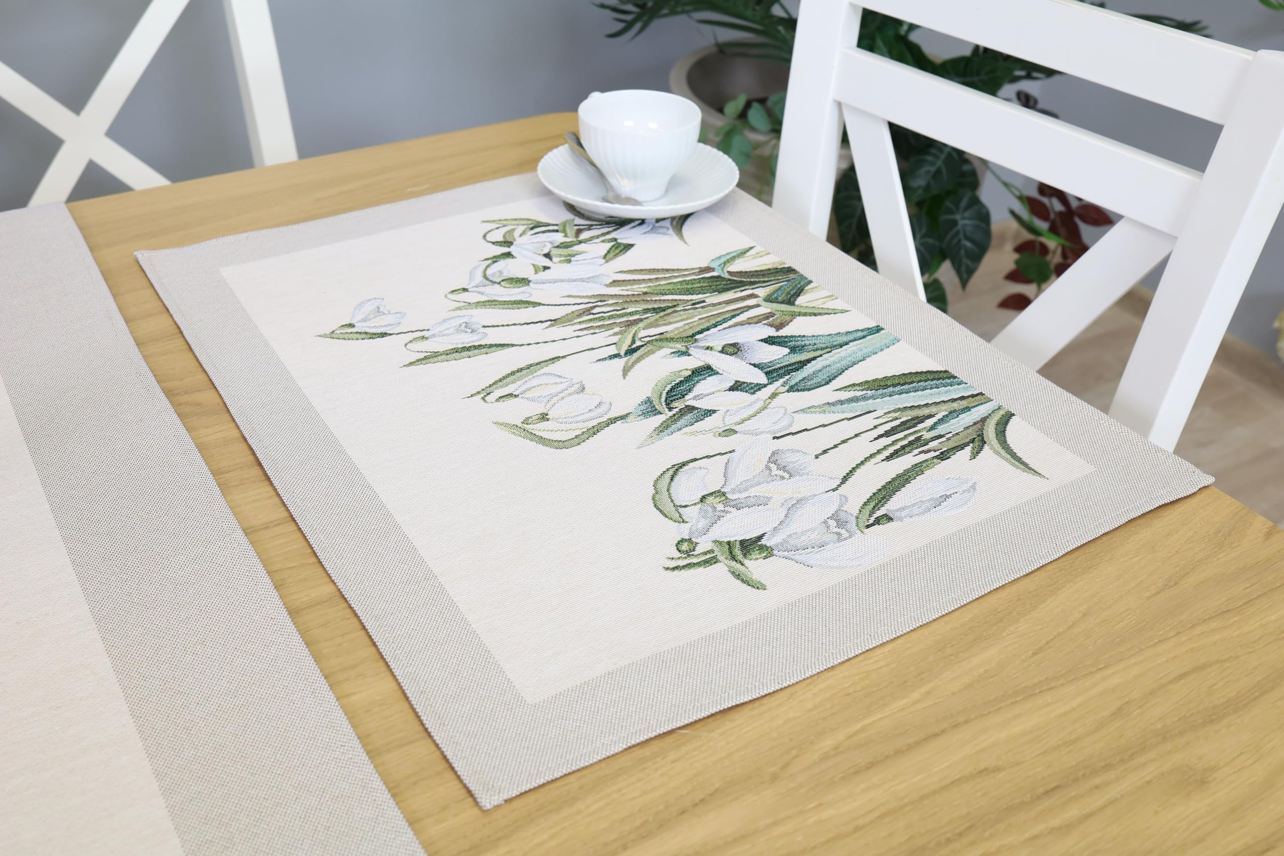 Tischsets Platzsets Abwaschbar 6er Set, 40x50 cm, Platzdeckchen Stoff 100% Jacquard Gobelin, Untersetzer Teller Hochwertige Wiederverwendbare für Hochzeit, Geburtstag, Küchen, Cafe - Schneeglöckchen