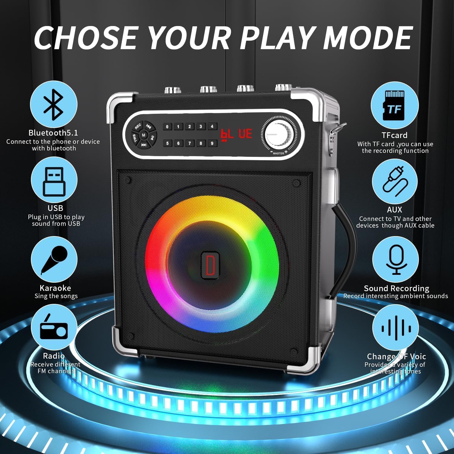 Macchina per karaoke con 2 microfoni wireless, altoparlante portatile Bluetooth 5.3 con luci LED, regolazione bassi/acuti, sistema PA con telecomando, supporta FM/AUX/USB/TF per feste