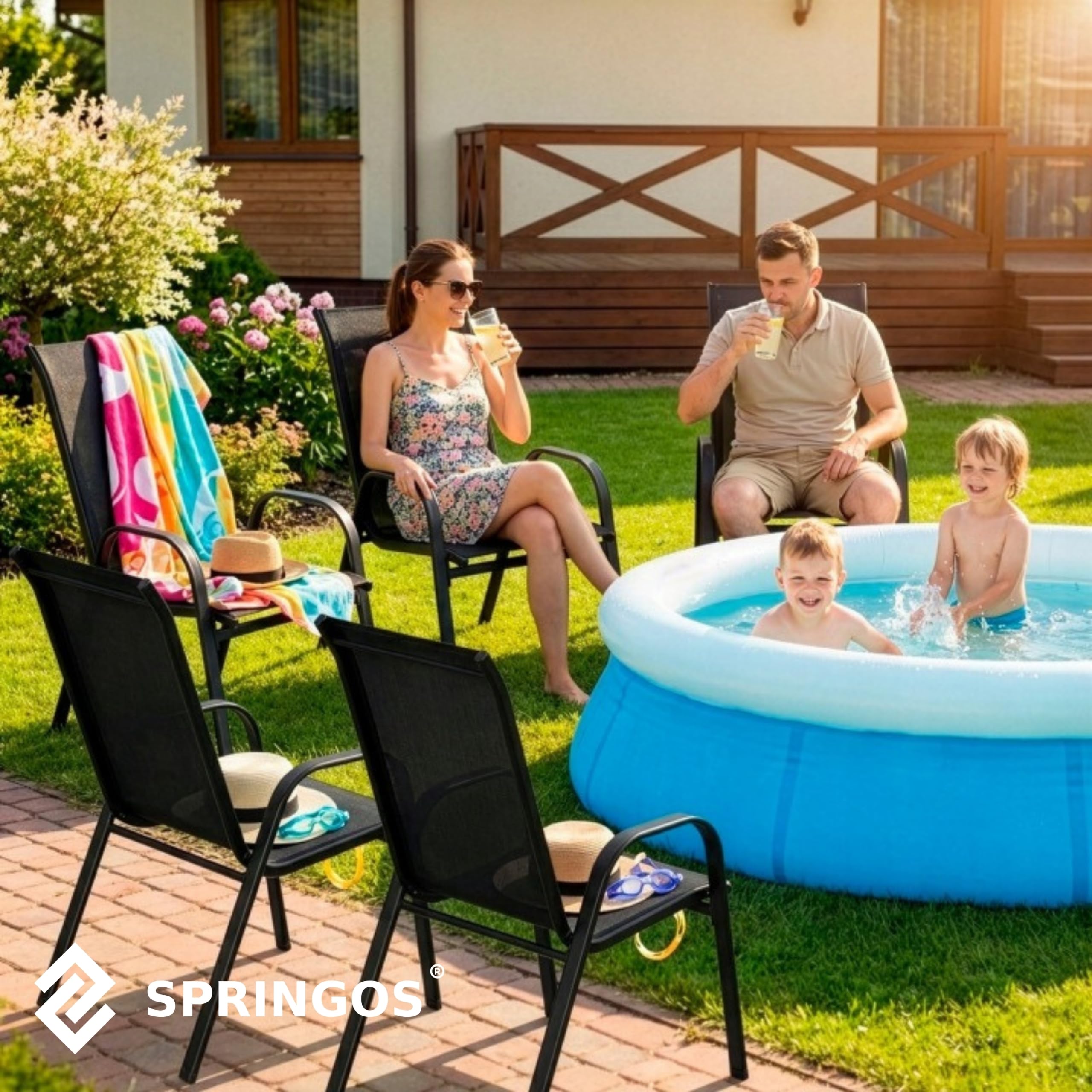 SPRINGOS Set di 4 sedie da giardino, impilabili, per esterni, terrazza, balcone, con seduta in textilene e struttura in acciaio, resistenti alle intemperie, per giardino, balcone, terrazza, campeggio