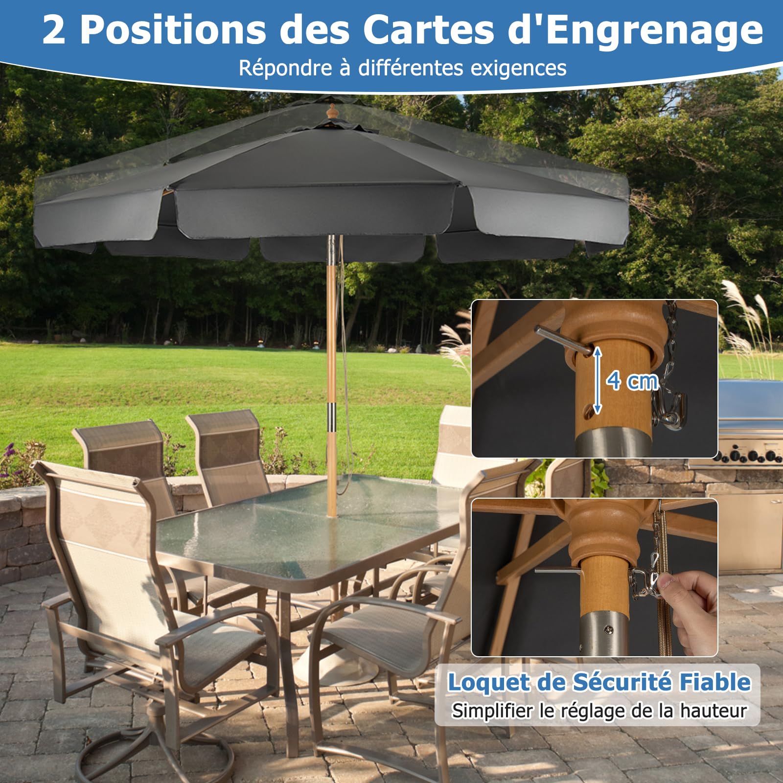 GIANTEX Parasol de Jardin Extérieur 3M Inclinable, Auvent Réglable en 3 Positions, Protection UV avec Lambrequin, Mât de 47 mm pour Terrasse, Balcon, Plage (Gris Foncé)