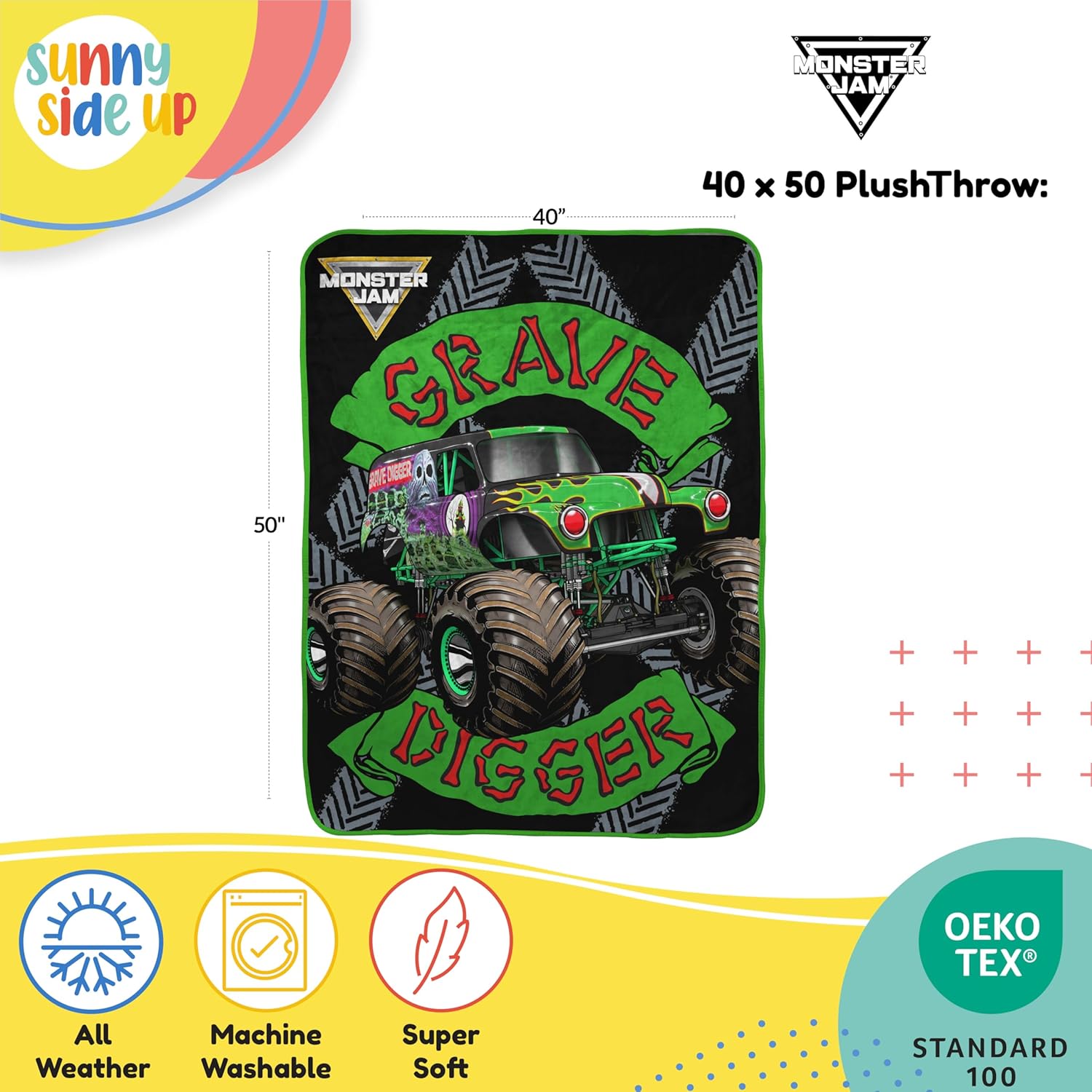 Sunny Side Up Monster Jam Plush Travel Throw Blanket - Measures 40 x 50 Inches - Super Soft & Cozy Travel Accessories Features Grave Digger - Image 2
