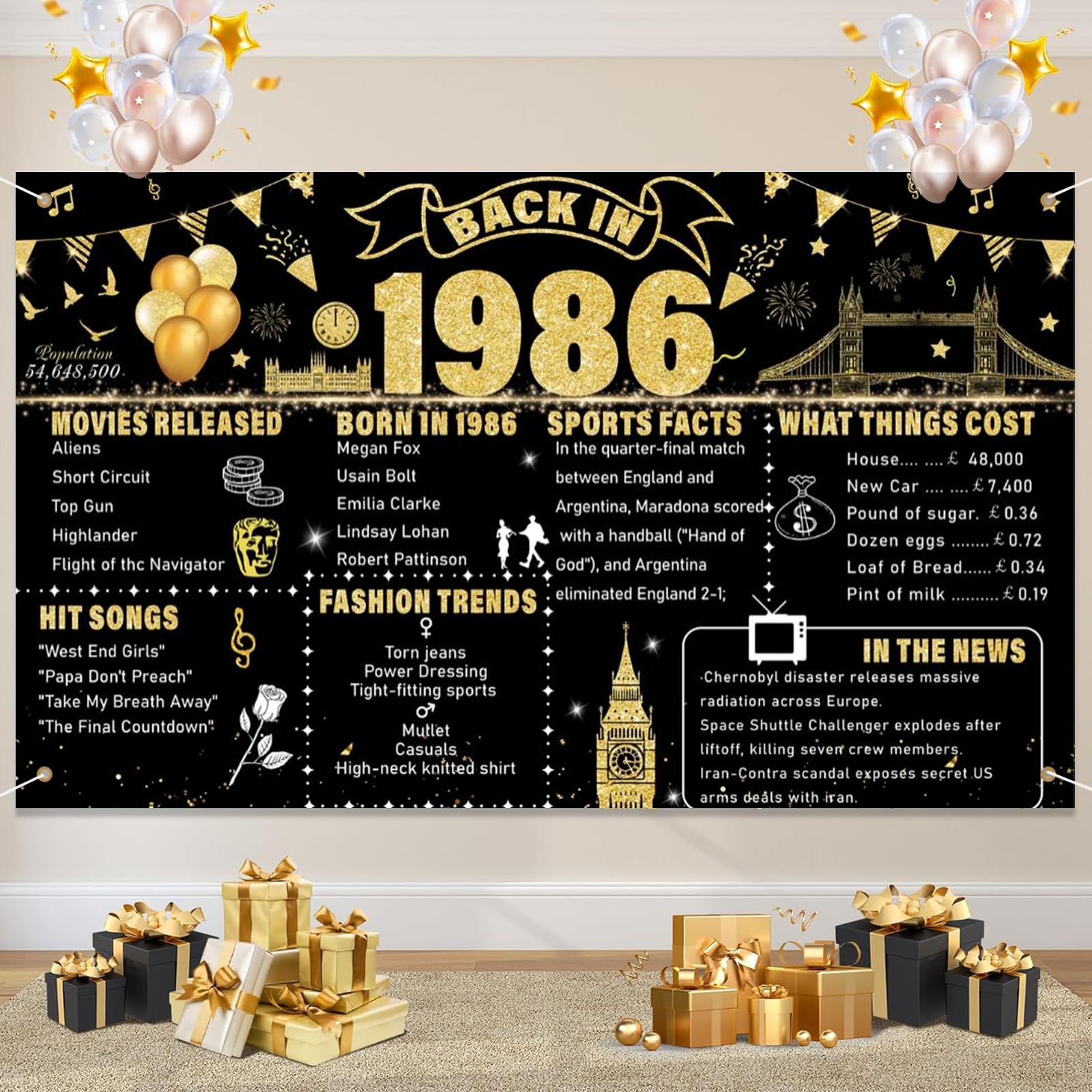 40th Birthday Banner Decor for Men Women Born in 1986 Backdrop Black Gold Happy 40 Years Old Anniversary Party Photo Booth Decor Cheers to 40 Years Banners