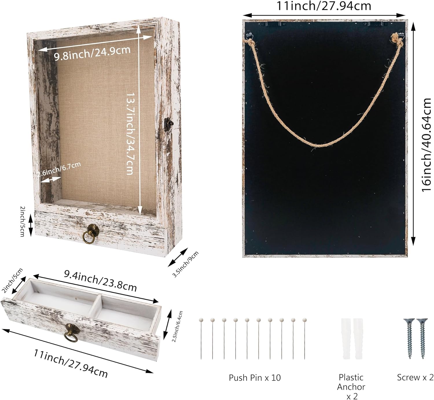 11x16 Deep Shadow Box Frame with Drawer and Soft Line Back, Wooden Display Case Memory Box Real Glass for Keepsakes Collections, Medals, Bouquet Wall or Tabletop Rustic White