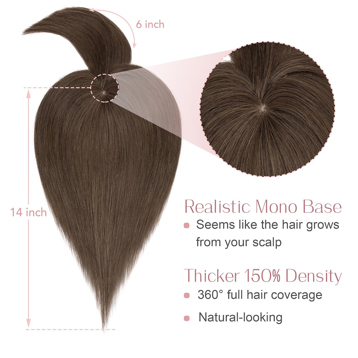 SEGO Hair Toppers for Women Real Human Hair with Bangs Mono Base 14 Inch Clip In Bangs Wiglets Topper Hairpieces for Women with Thinninghair -2Y Dark Smoky Brown