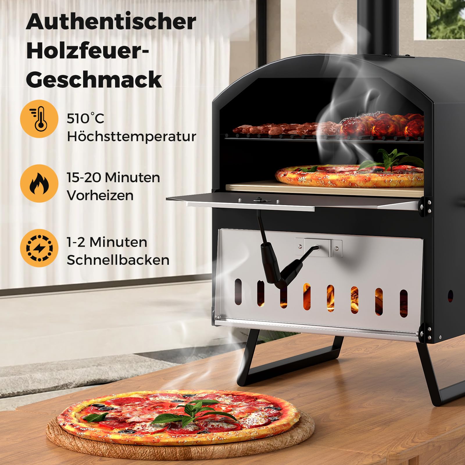 COSTWAY Outdoor Pizzaofen, 2-lagigem Pizza Ofen mit Grillrost, Pizzaschaufel, quadratischem Stein, wasserdichter Abdeckung, tragbarer Brennofen, Holzofen für Picknick, BBQ-Party, Camping