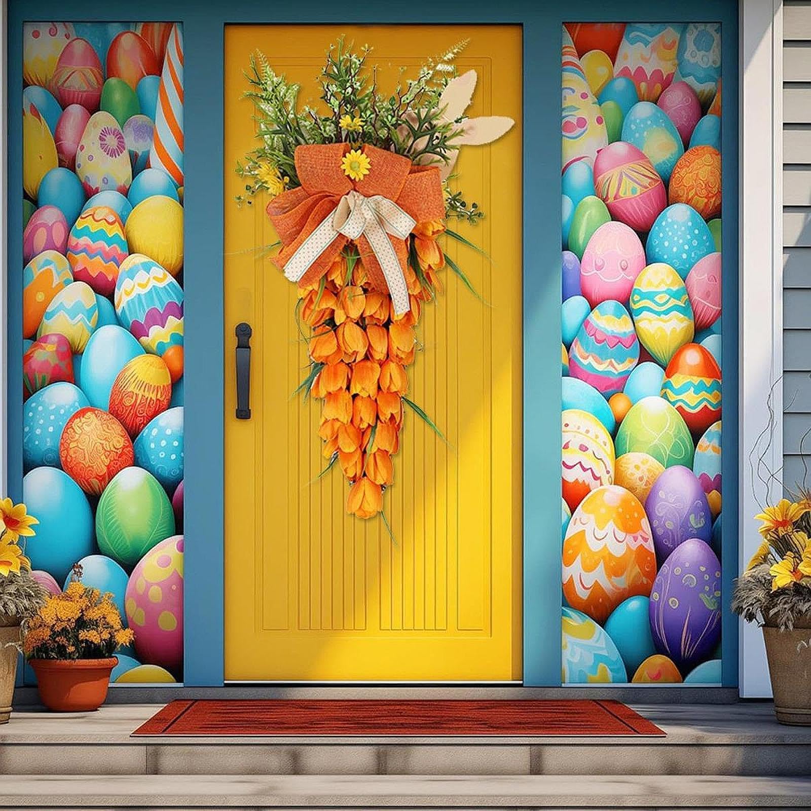 Ghirlanda Pasquale Decorazione Sospesa Tulipano Carota Teardrop Fiori Artificiali con Rattan Tessuto Pp Adatta per Parete Celebrazi, Grande con coniglietto