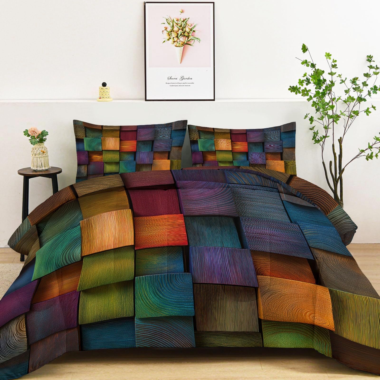 Kołdra 240 x 260 cm, na 4 pory roku, abstrakcyjne kolorowe drewniane klocki, dwustronna, wielokolorowa, ciepła i miękka, całoroczna, nadaje się do prania, dla alergików, z 2 poszewkami na poduszki