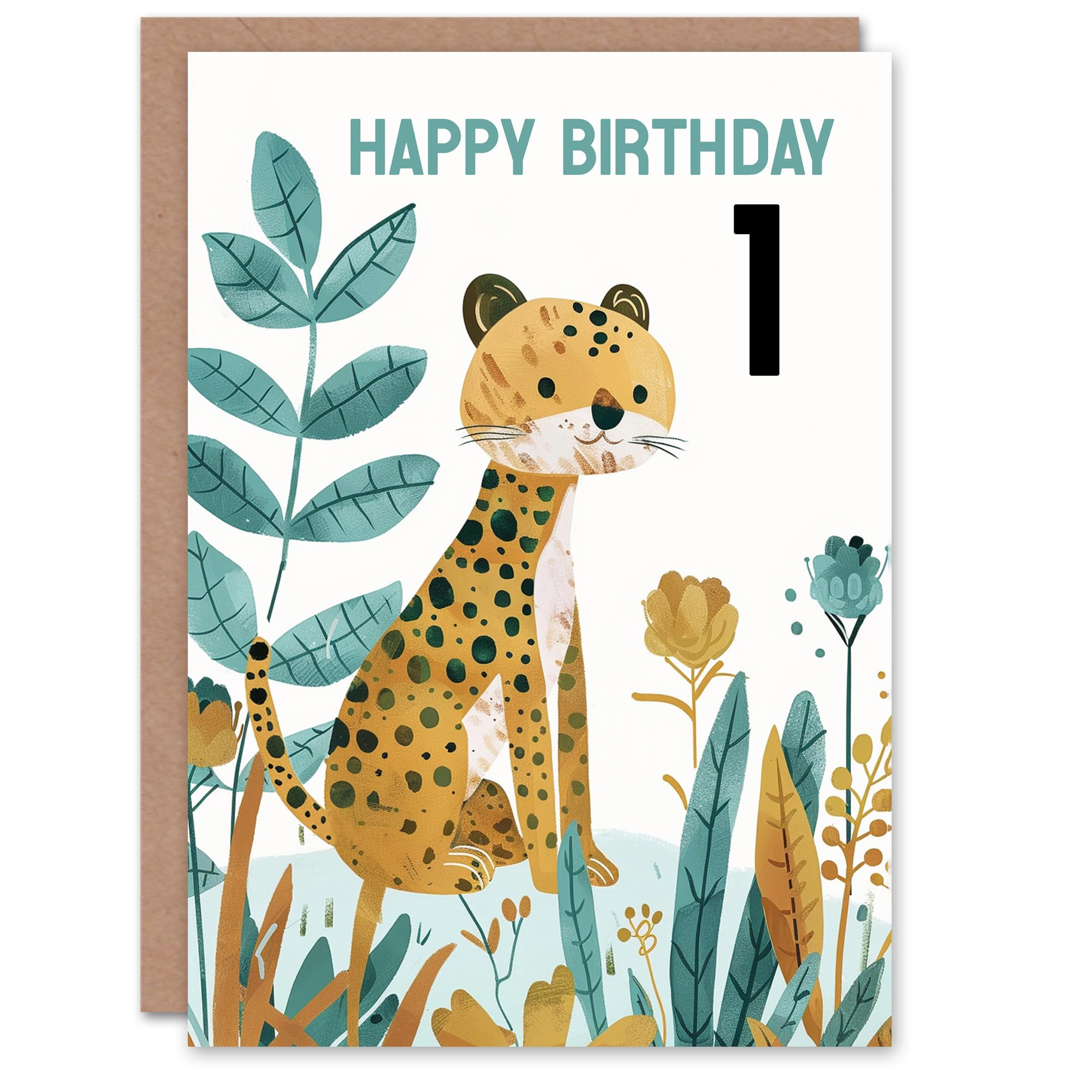 Artery8 1st Birthday Card Cute Cheetah Jungle Plants Fun Kids Age 1 Year Old Child For Son Daughter Girl Boy Happy Card