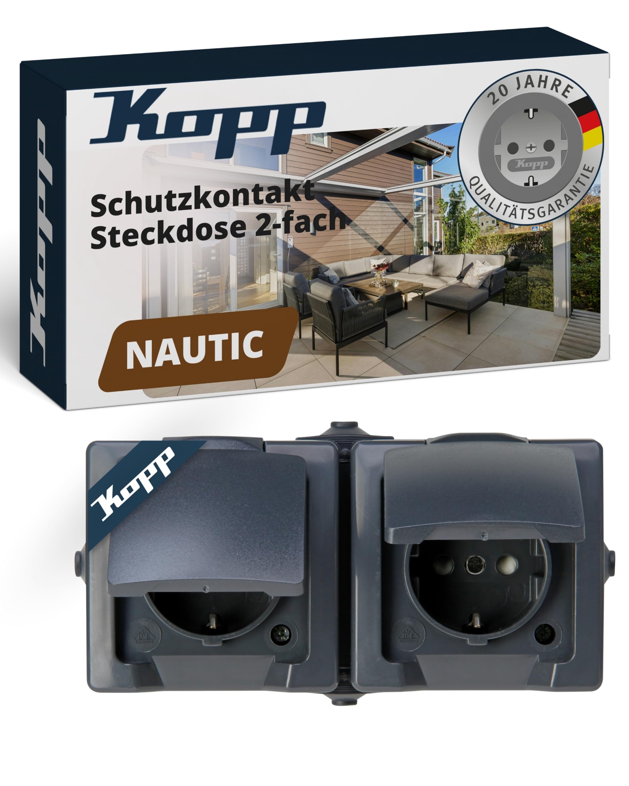 Kopp NAUTIC 2-fach Schutzkontakt-Steckdose mit Klappdeckel in Anthrazit - Sichere Aufputz-Steckdose mit erhöhtem Berührungsschutz - Waagrechter IP44 Feuchtraumsteckdosen-Aufputz 16A / 250V~