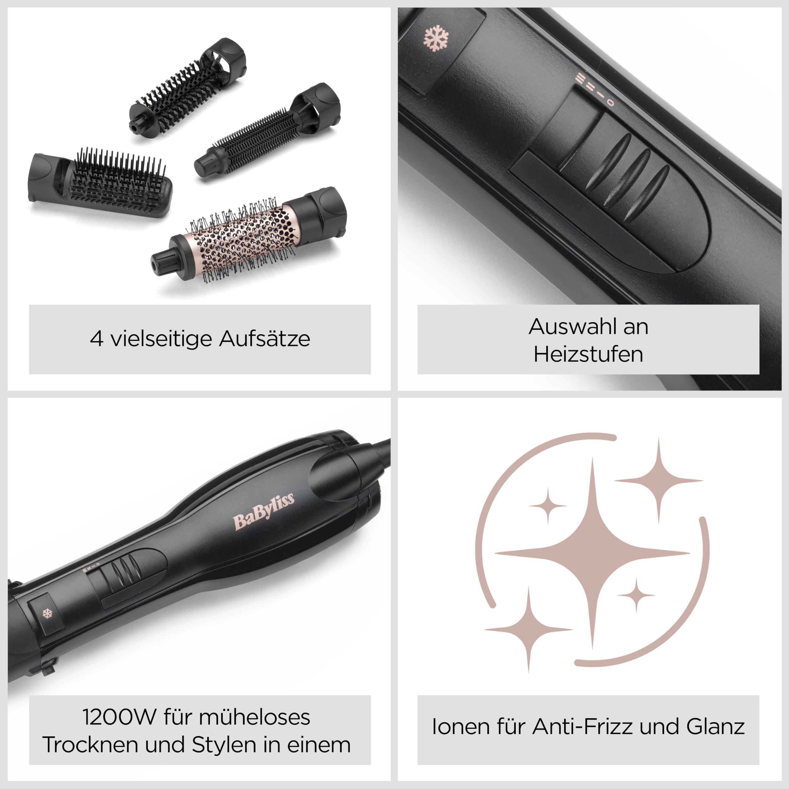 BaByliss Smooth Finish 1200 – 4‑in‑1 Warmluftbürste zum Trocknen, Formen, Glätten & Volumenstyling, Ionen‑ & Keramiktechnologie, 4 Aufsätze, 1200W, Schwarz/Pink, AS122E