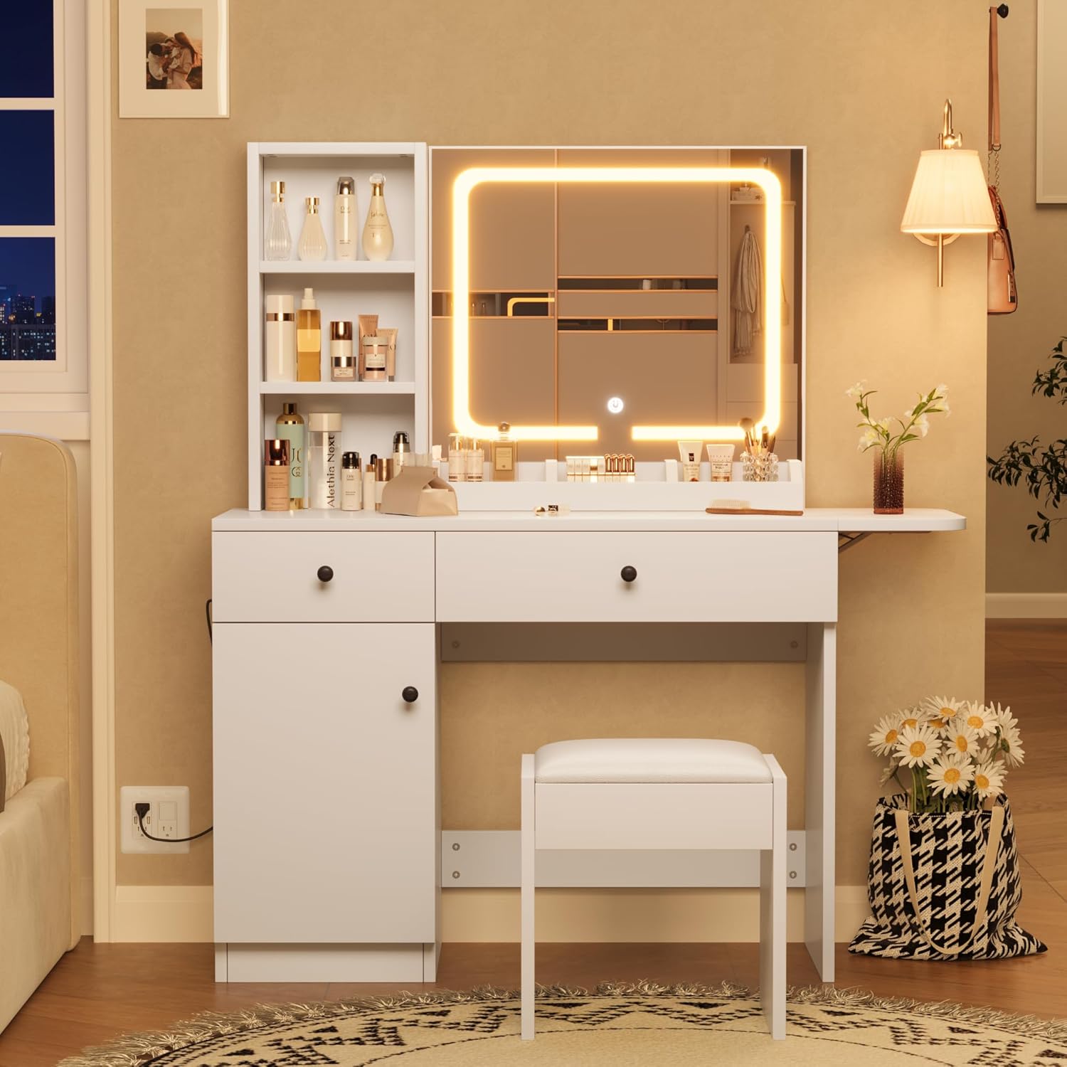 GarveeHome White Makeup Vanity Desk with Lights, Mirror, Chair, Drawers, 3 Shelves & Power Outlet - Bedroom Dressing Table Set