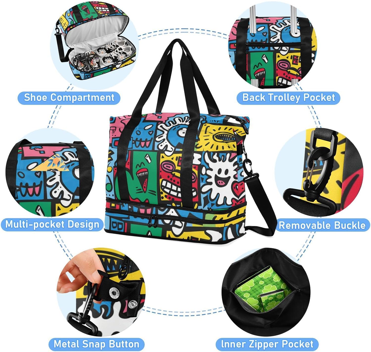 Quirky Style Patterns Workout Bag Sports Gym Tote Bag with Toiletry Bag for Workout Waterproof