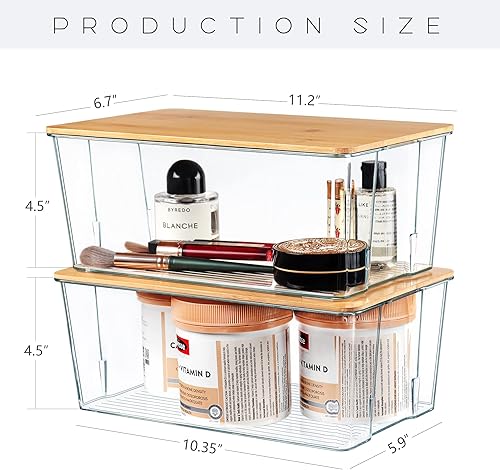 Miniatura 6 de Hudgan Caja organizadora de almacenamiento apilable pequeña con tapas de bambú para oficina en casa armario baños armarios de dormitorio