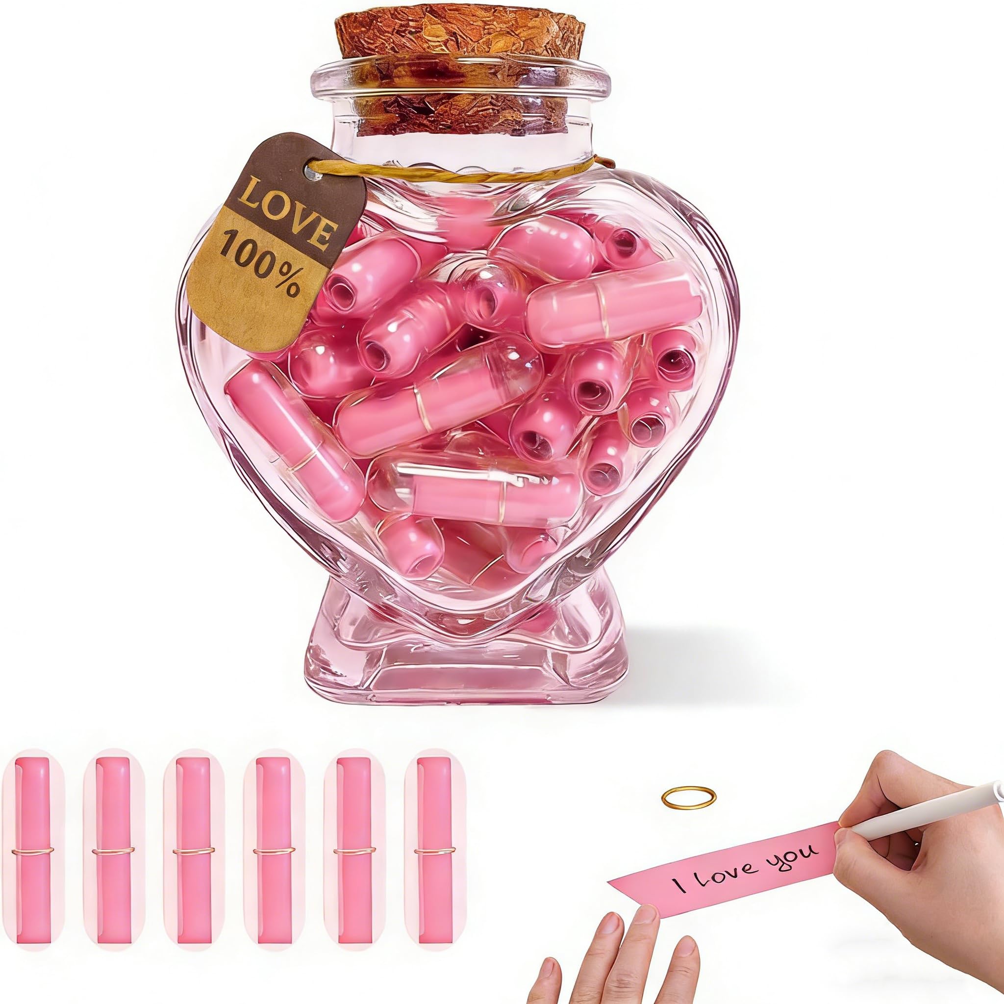 Lot de 50 lettres de capsule d'amour dans un bocal en verre en forme de cœur, rose à faire soi-même, message personnalisé dans une bouteille, cadeau pour lui/elle, souvenir romantique pour petit ami