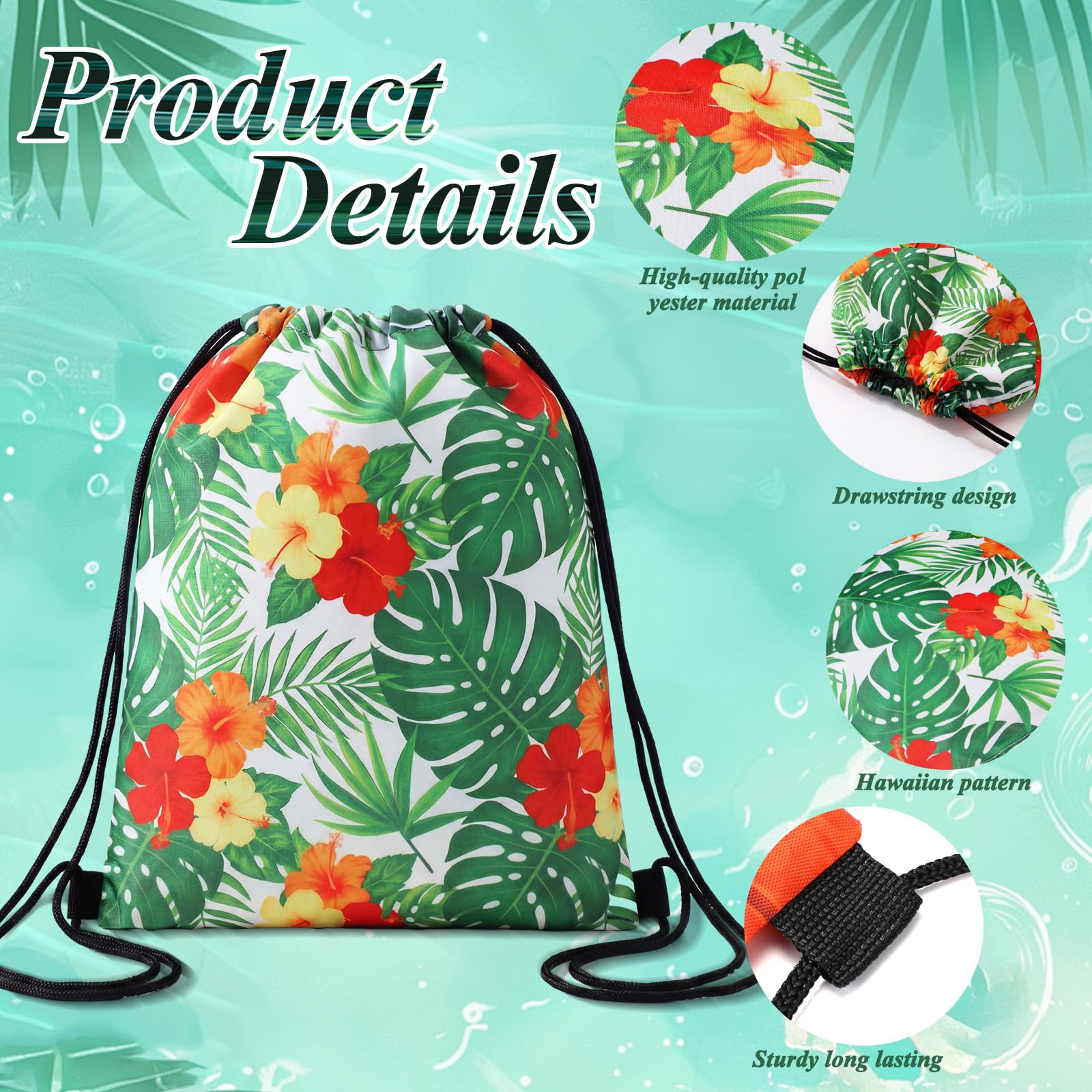 Aliceset 20 Pack Hawaiian Drawstring Gift Bags Bulk, Tropical Goodie Gift Backpack with Adjustable Straps Cute Sacks for Summer Beach Luau Aloha Tiki Birthday Vacation Travel Party Favors(11.81x9.84)
