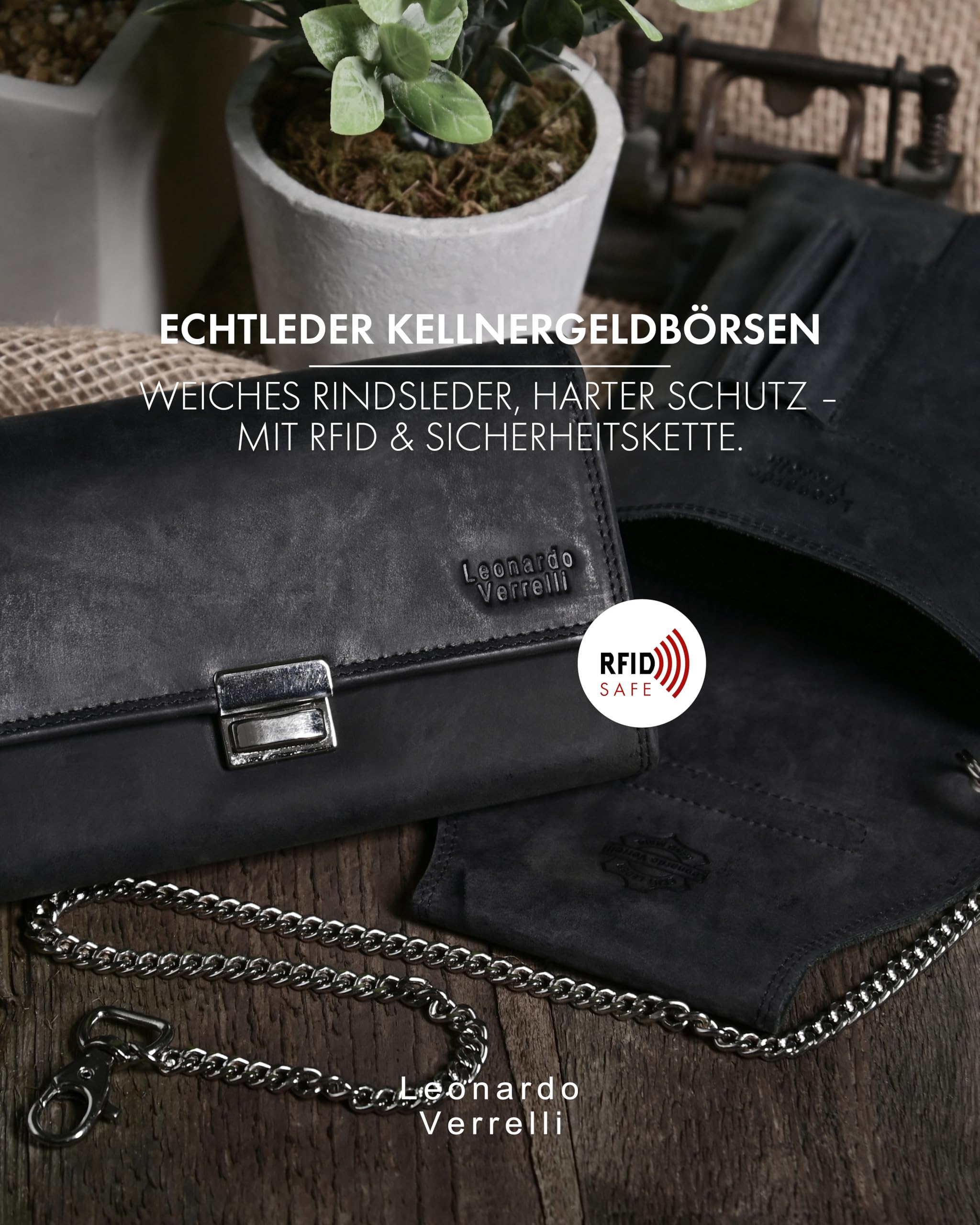 Kellner Geldbörse aus Leder, Kellnerbörse, Geldbeutel, Damen Herren Portemonnaie mit oder ohne Holster, Steck-Tasche, mit Kette und großem Münzfach (Echtleder Hunterstil - Schwarz)