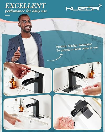 Miniatura 3 de Grifo de baño de cascada negro mate, grifo de fregadero de acero inoxidable de un solo orificio con drenaje desplegable de metal, instalación rápida