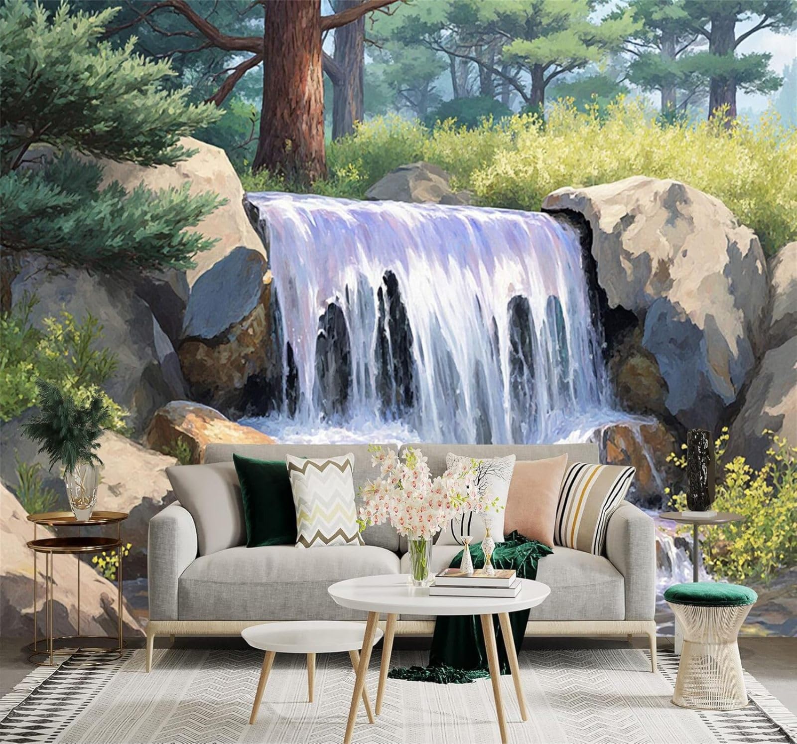 XLMING Three Dimensional Mountains Waterfall Rocks Pine Trees 3D Wallpaper Silky Texture Home Study Office Grey Dining Room Sofa Bedroom Living Room TV Backdrop-150cm×105cm