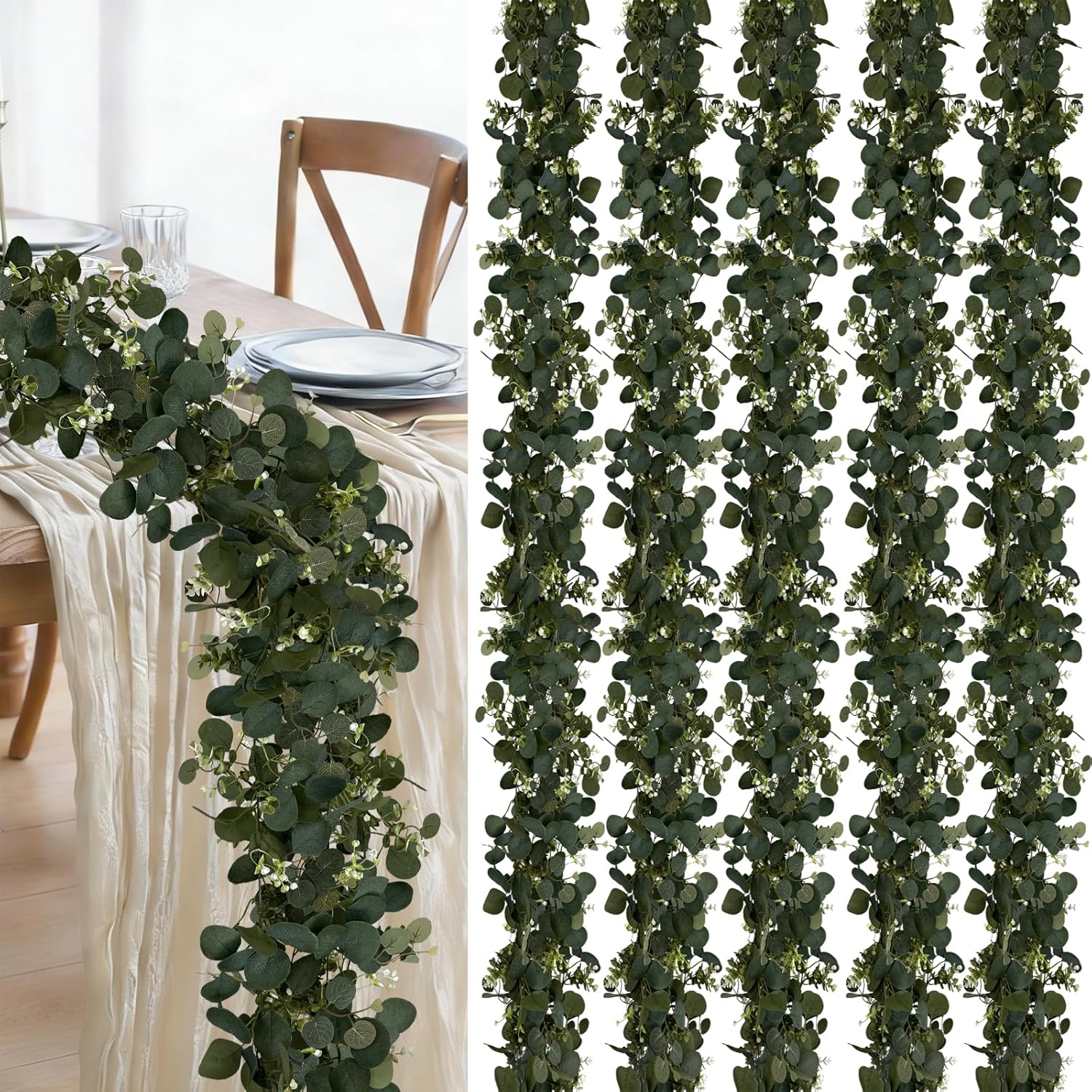 Eucalyptus Garland, 6Pcs 6FT Green Flower Garland Decor, Spring Summer Artificial Faux Eucalyptus Leaves Greenery Vines for Table Runner Wedding Arches Mantle Centerpieces Backdrop Decorations