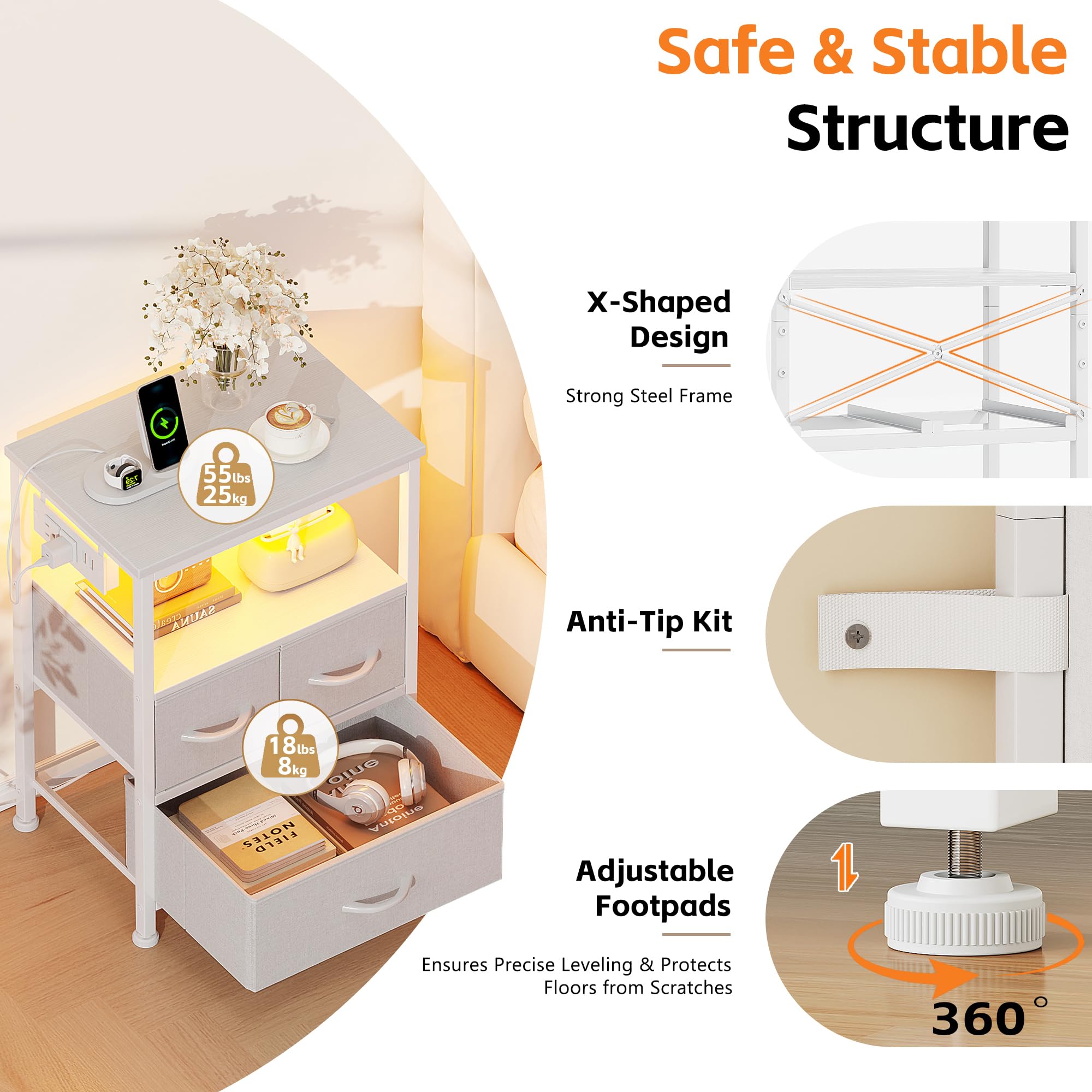 Flrrtenv Dresser for Bedroom, Night Stand with Charging Station and LED Light Strips, Nightstand with Drawers, Table de Chevet Blanche with 3 Drawers, Bedside Table for Bedroom, White - 5
