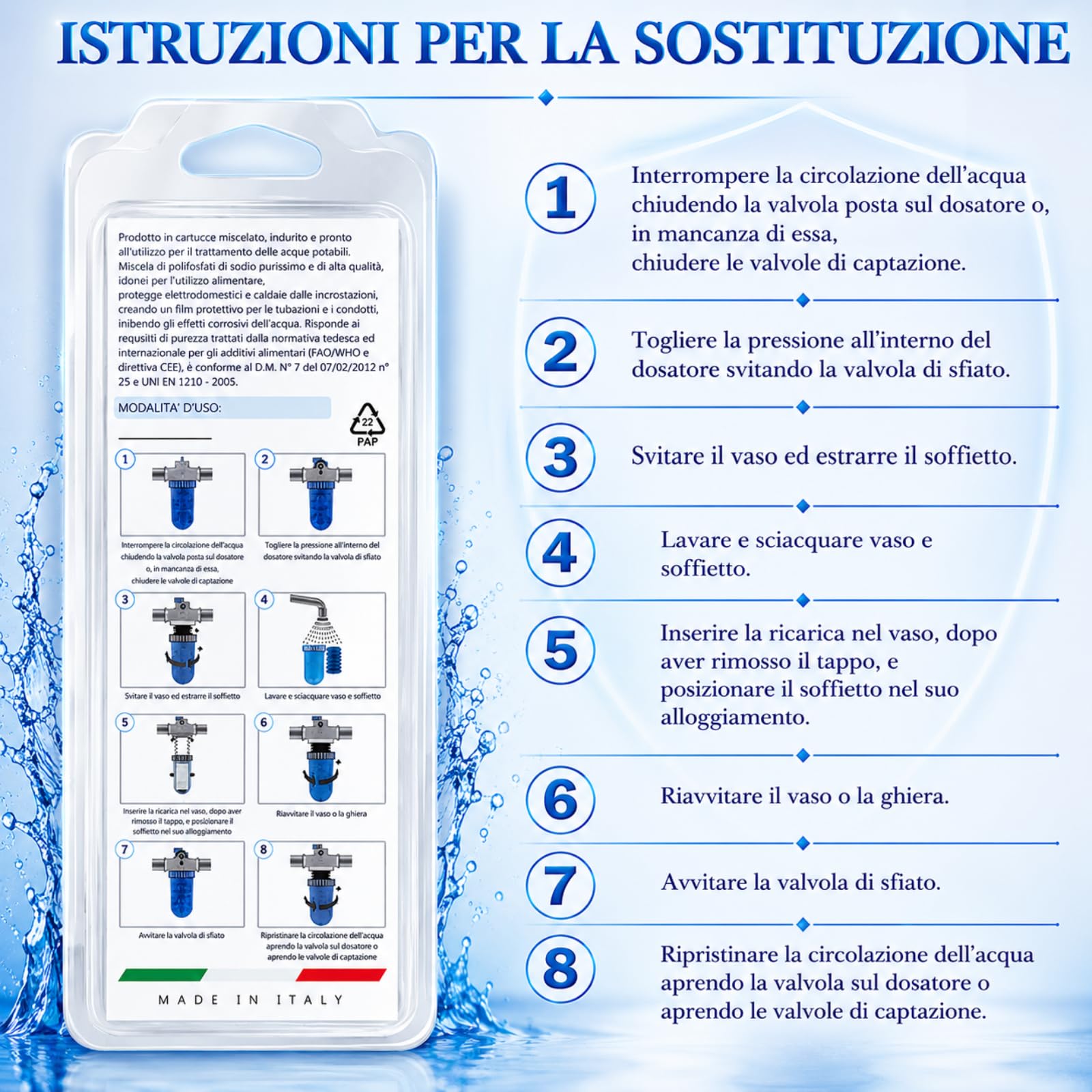 Polifosfati Caldaia Made in Italy – 6 Cartucce Ricarica Universali per Filtri Anticalcare Anticorrosione | Pastiglie Polifosfato per Trattamento e Depurazione Acqua Domestica