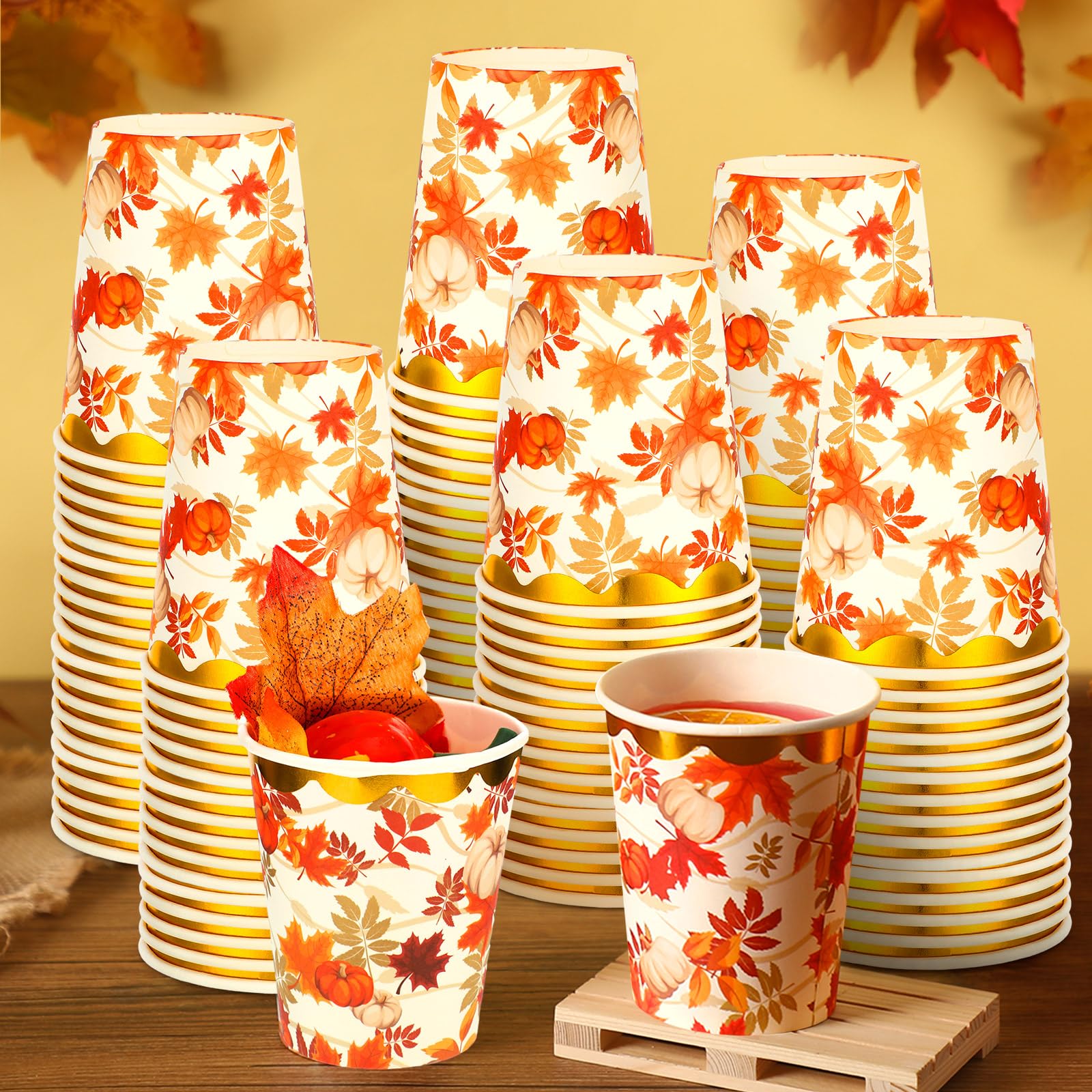 Uiifan 100 Pcs 12 oz Fall Thanksgiving Disposable Cups Autumn Coffee Cups Pumpkin Maple Leaves Paper Cups Thanksgiving Party Supplies for Hot Cold Beverage Drinking Cup Holiday Harvest Wedding