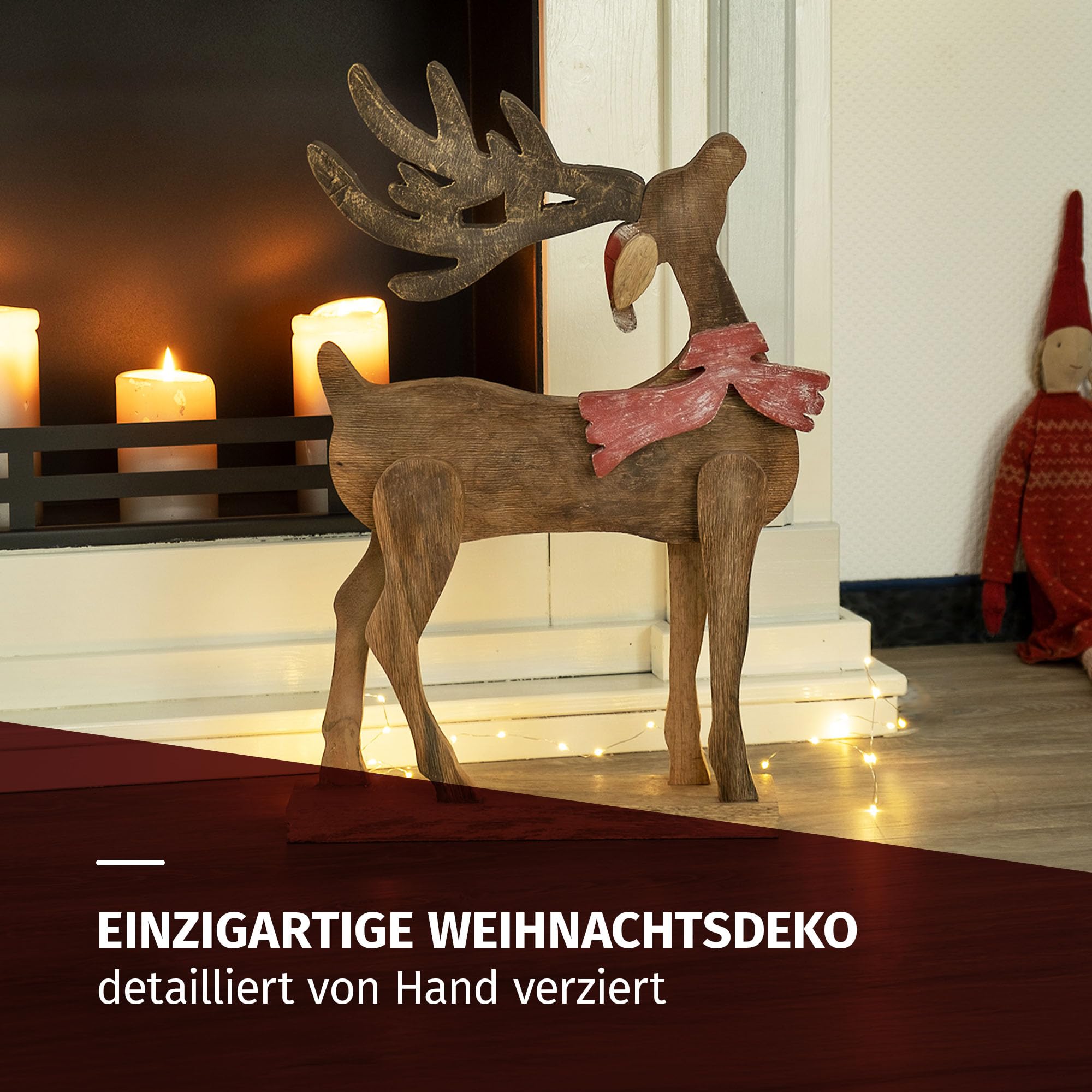 Moritz Décoration de Noël - Figurine de renne en bois de manguier - 55,5 cm - Fabriquée à la main - Avec écharpe rouge et bonnet de Noël - Décoration d'hiver pour salon, rebord de fenêtre ou cheminée