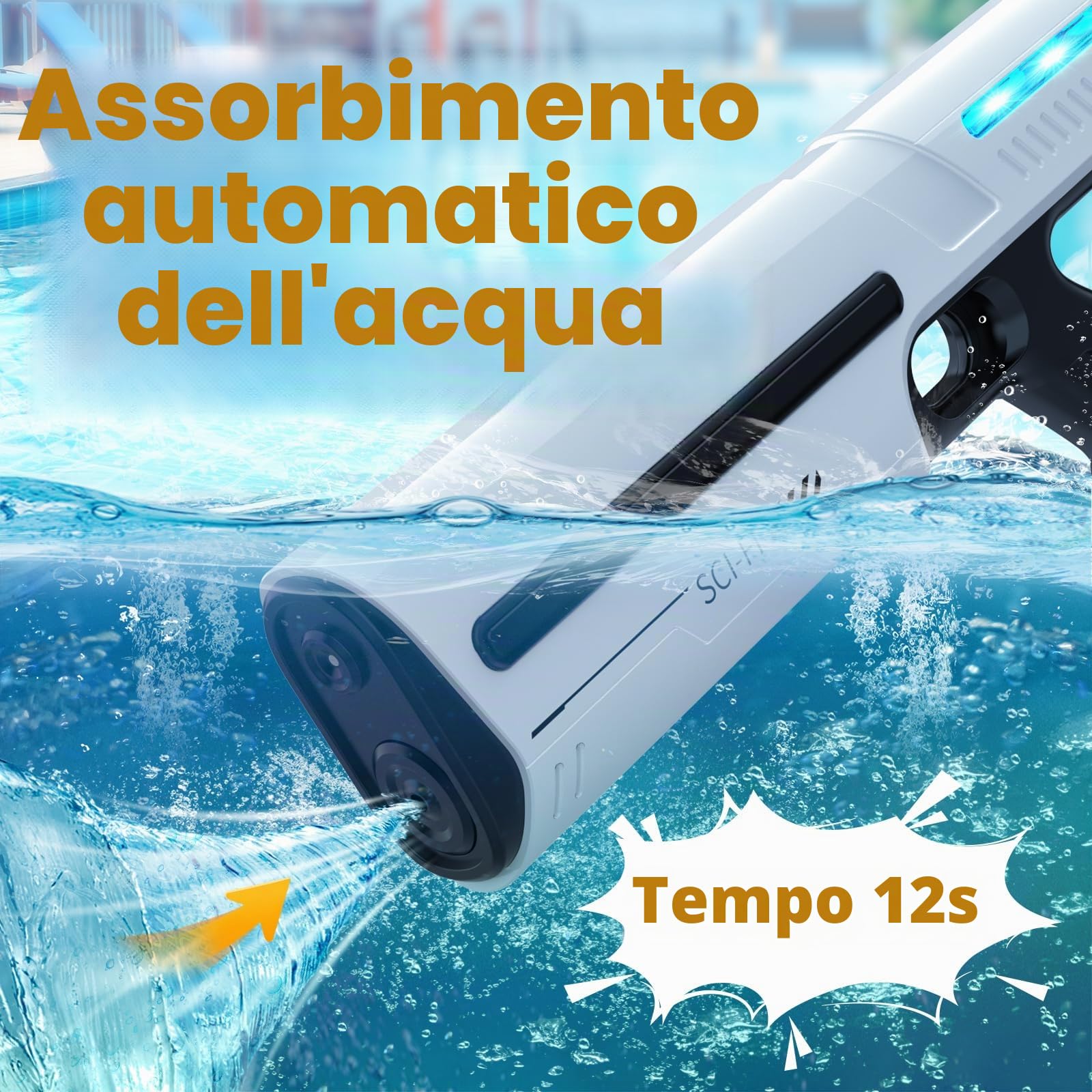 Skirfy Pistola ad acqua elettrica per bambini e adulti, giocattolo a spruzzo a batteria con serbatoio, portata 9 m, luce a LED, assorbimento automatico dell'acqua, gioco estivo in spiaggia all'aperto