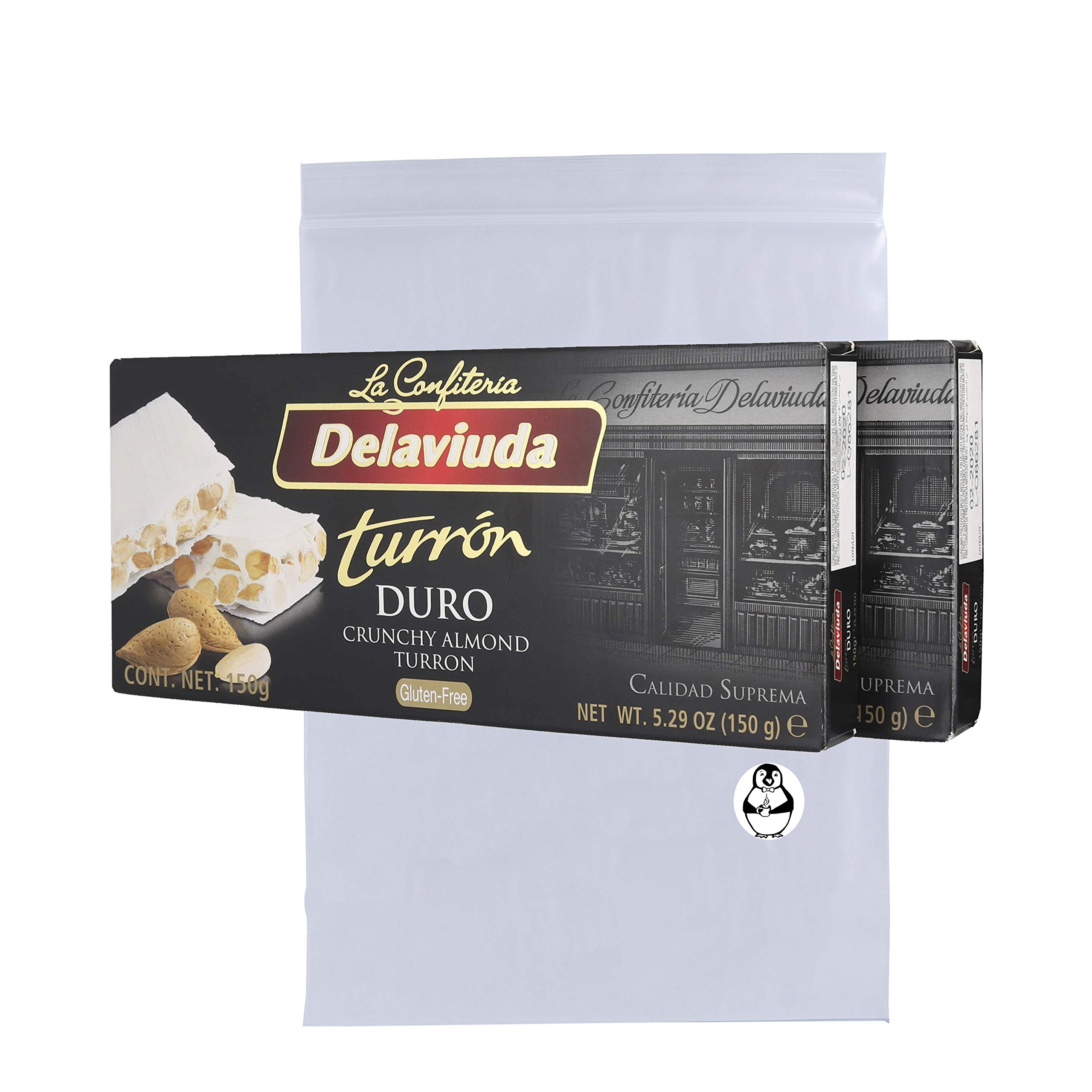 Delaviuda Turron Duro Crunchy Almond Turron Bundle (2 Pack) - Crunchy Almond Nougat Turron - Turron Duro con Almendras Calidad Suprema W/Premium Penguin Quick Storage Pouch