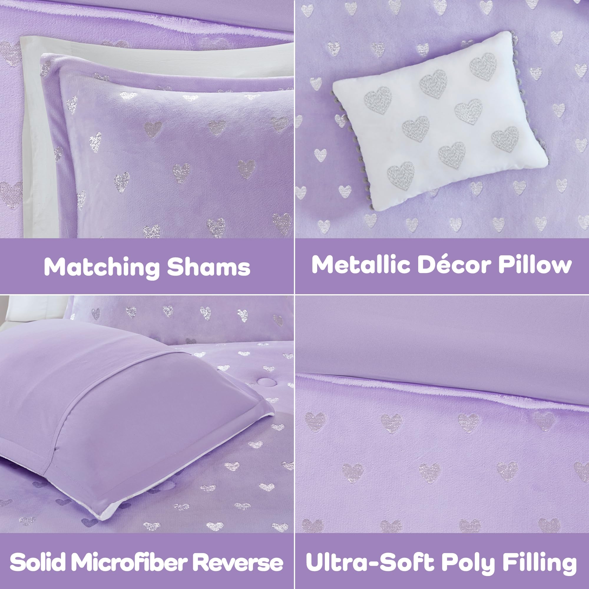 MI ZONE Comforter ultramiękki mikrolekki pluszowy metaliczny nadruk serca szczotkowane odwrócone przepełnione alternatywne hipoalergiczne całoroczne pościel, mikrofibra, fioletowy/srebrny, podwójny XL
