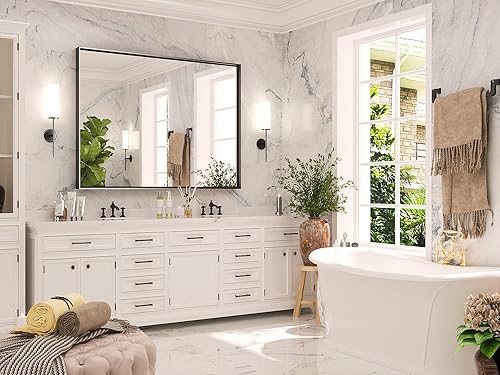 Miniatura 381 de Keonjinn Espejo de baño dorado de 48 x 36 pulgadas, espejo rectangular con marco de metal dorado cepillado, espejo de pared grande rectangular